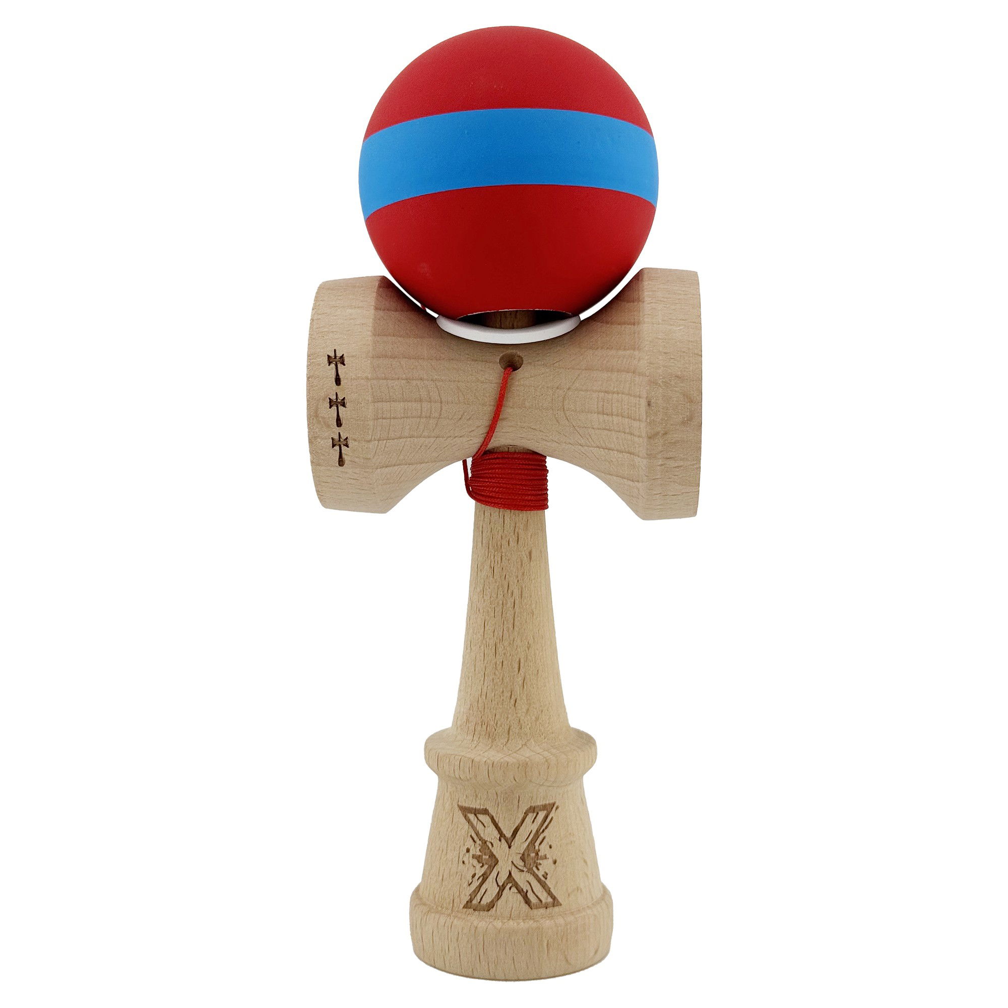 Kendama Rubber Grip V3 Cupe Mari - Kendama X Originala, Profesionala, Flippy, Cupe Mari KING SIZE V3, Rubber Grip, Gaura in Baza, Rulment Metalic, din lemn 18 cm, Ata 62/65 cm, M Bicolor Rosu/Albastru