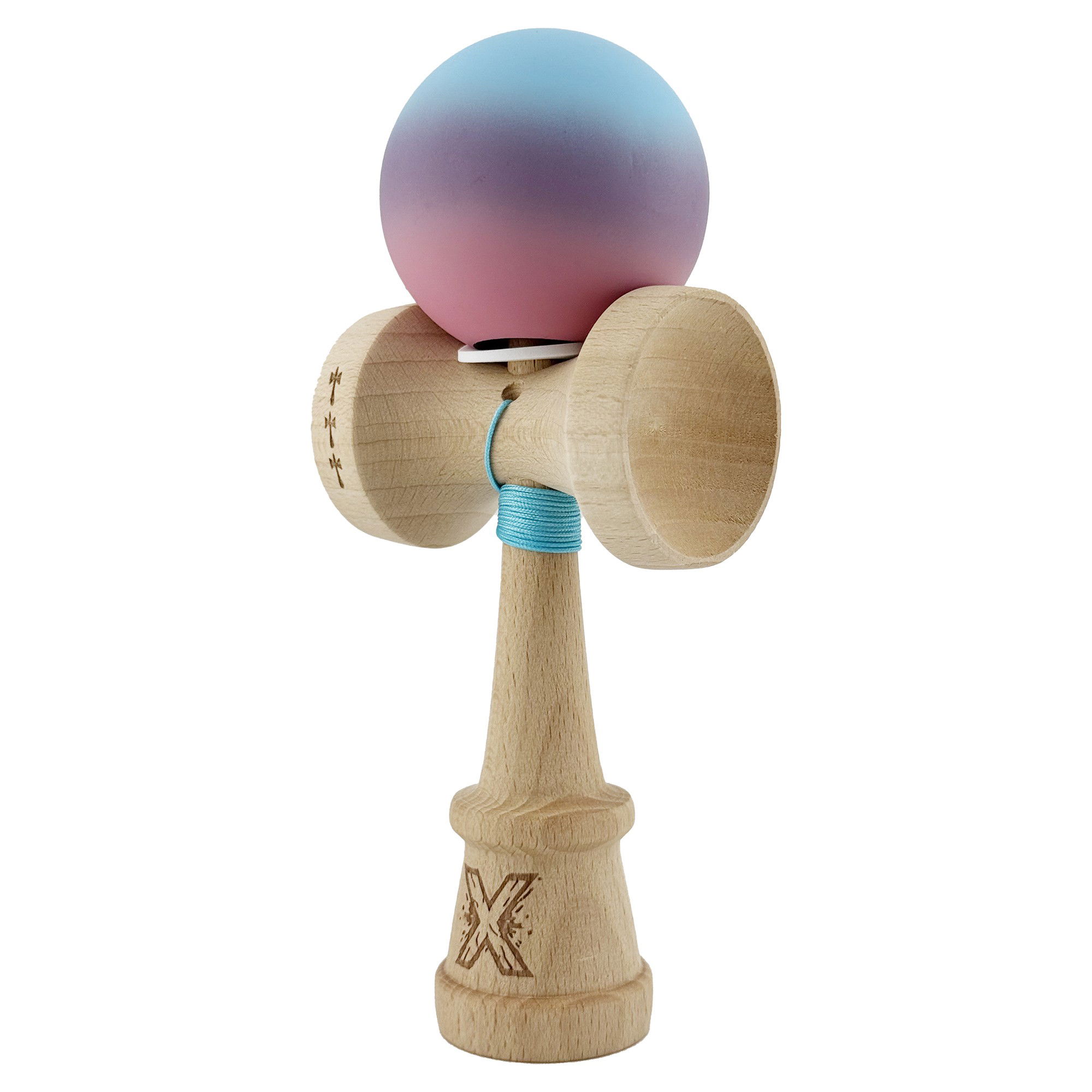 Kendama X Originala, Profesionala, Flippy, Cupe Mari KING SIZE V3, Rubber Grip, Gaura in Baza, Rulment Metalic, din lemn 18 cm, Ata 62/65 cm, Gradient Albastru deschis/Mov/Roz [3]