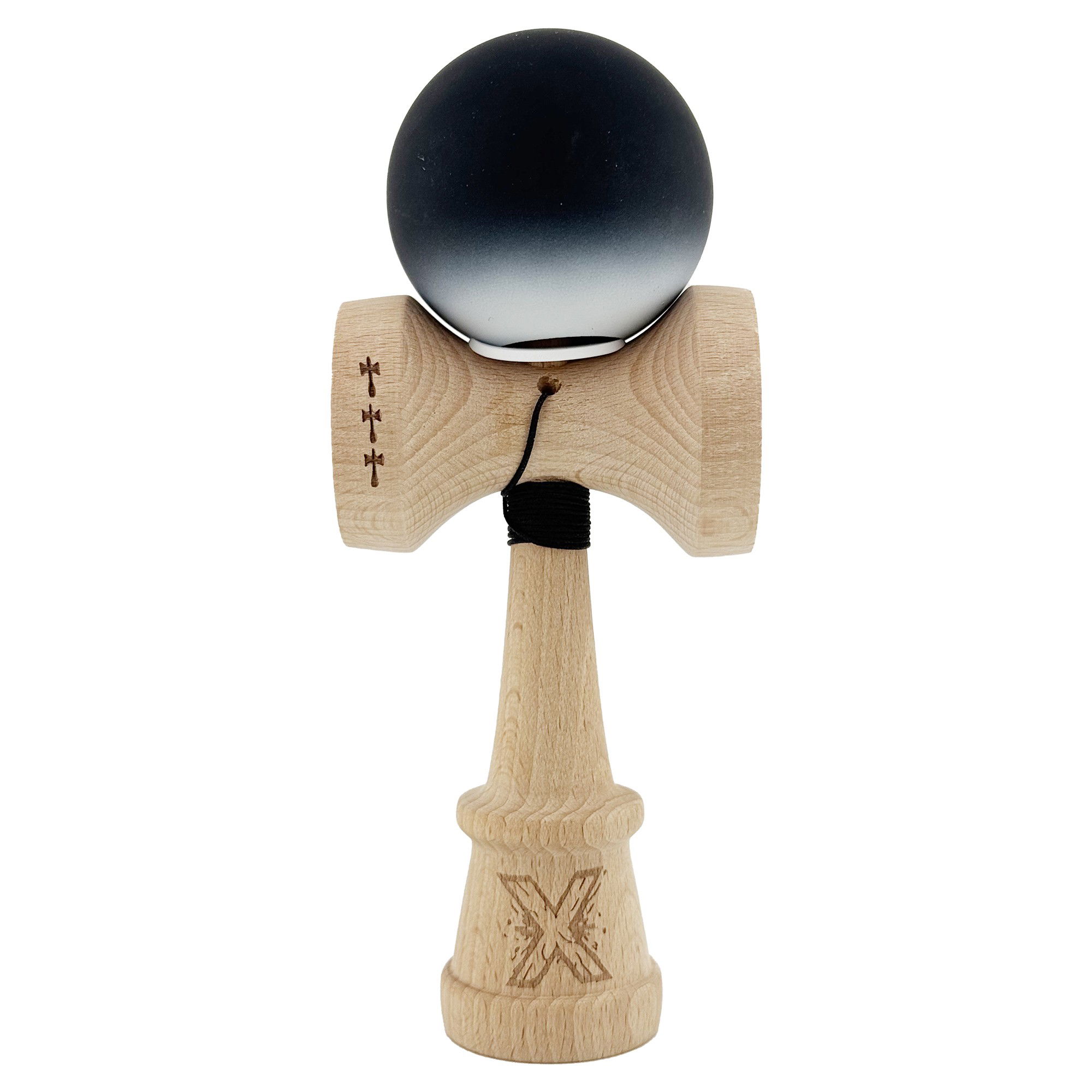 Kendama Rubber Grip V3 Cupe Mari - Kendama X Originala, Profesionala, Flippy, Cupe Mari KING SIZE V3, Rubber Grip, Gaura in Baza, Rulment Metalic, din lemn 18 cm, Ata 62/65 cm, Gradient Negru/Alb