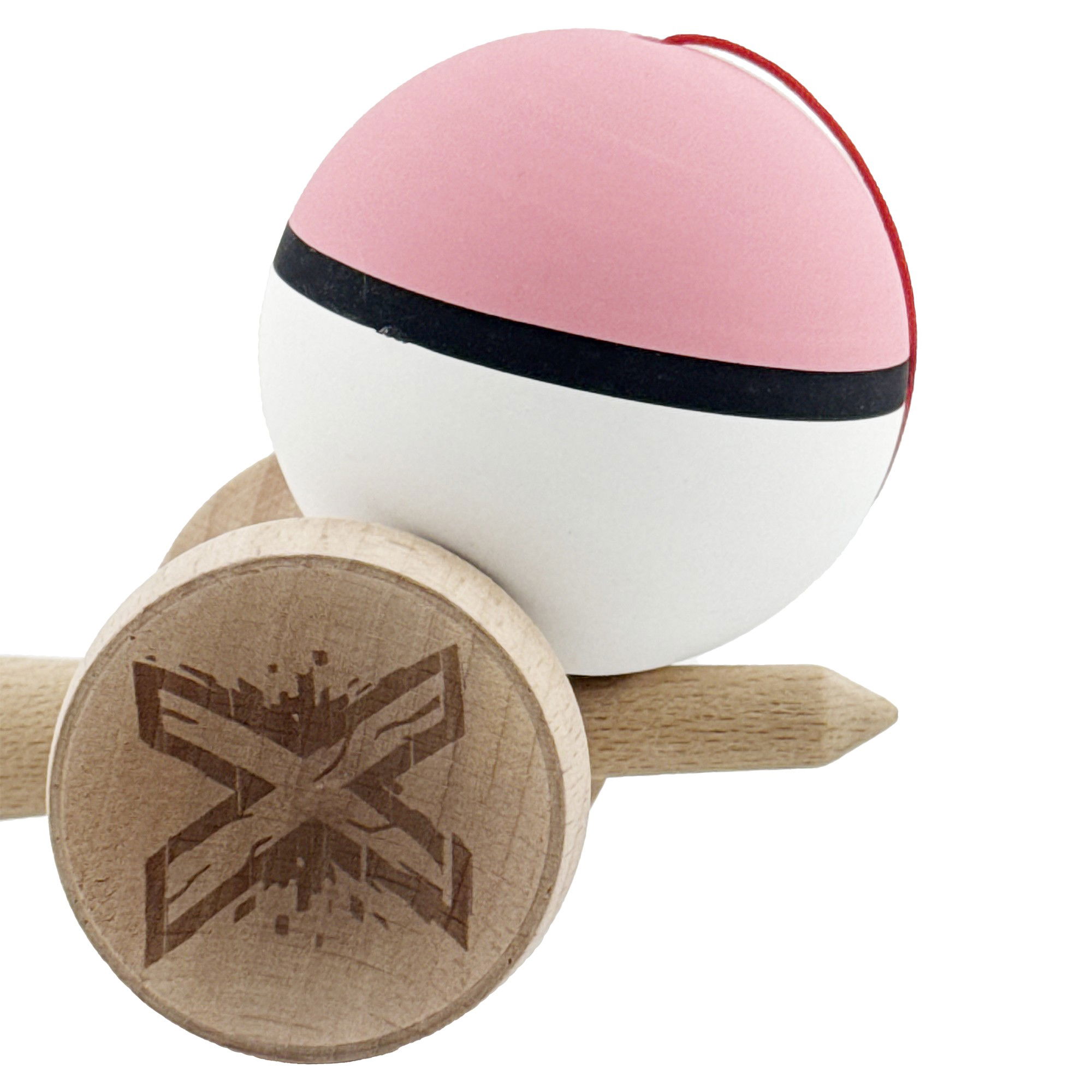 Kendama X Originala, Profesionala, Flippy, Cupe Mari KING SIZE V3, Rubber Grip, Gaura in Baza, Rulment Metalic, din lemn 18 cm, Ata 62/65 cm, S Bicolor Roz/Alb [9]