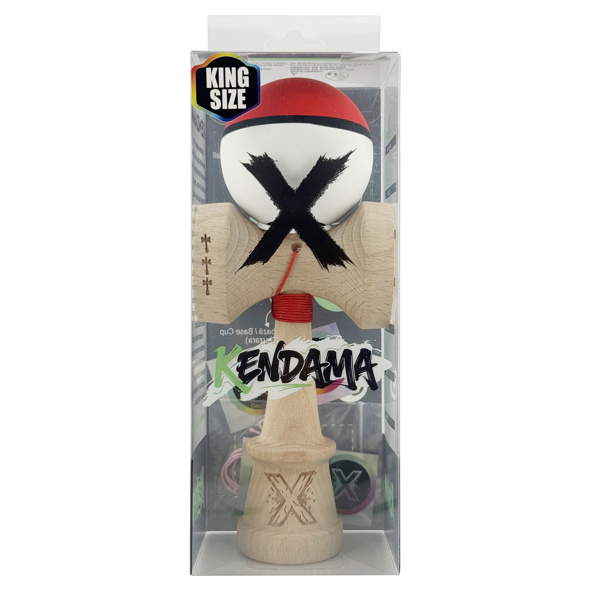 Kendama X Originala, Profesionala, Flippy, Cupe Mari KING SIZE V3, Rubber Grip, Gaura in Baza, Rulment Metalic, din lemn 18 cm, Ata 62/65 cm, S Bicolor Rosu/Alb [6]