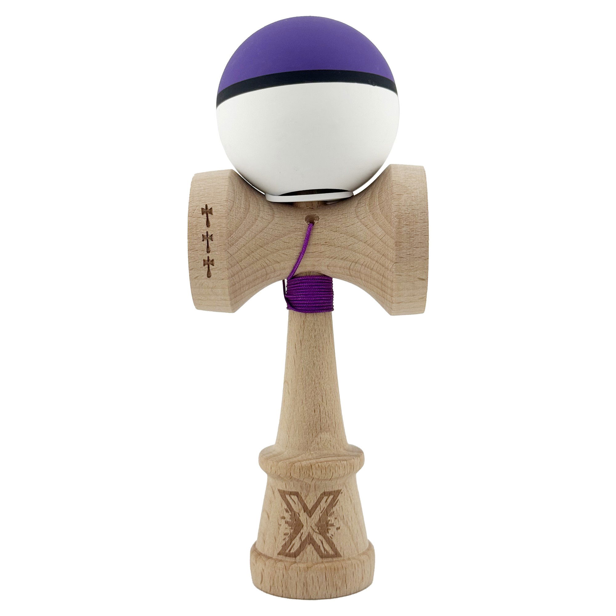 Kendama Rubber Grip V3 Cupe Mari - Kendama X Originala, Profesionala, Flippy, Cupe Mari KING SIZE V3, Rubber Grip, Gaura in Baza, Rulment Metalic, din lemn 18 cm, Ata 62/65 cm, S Bicolor Mov/Alb