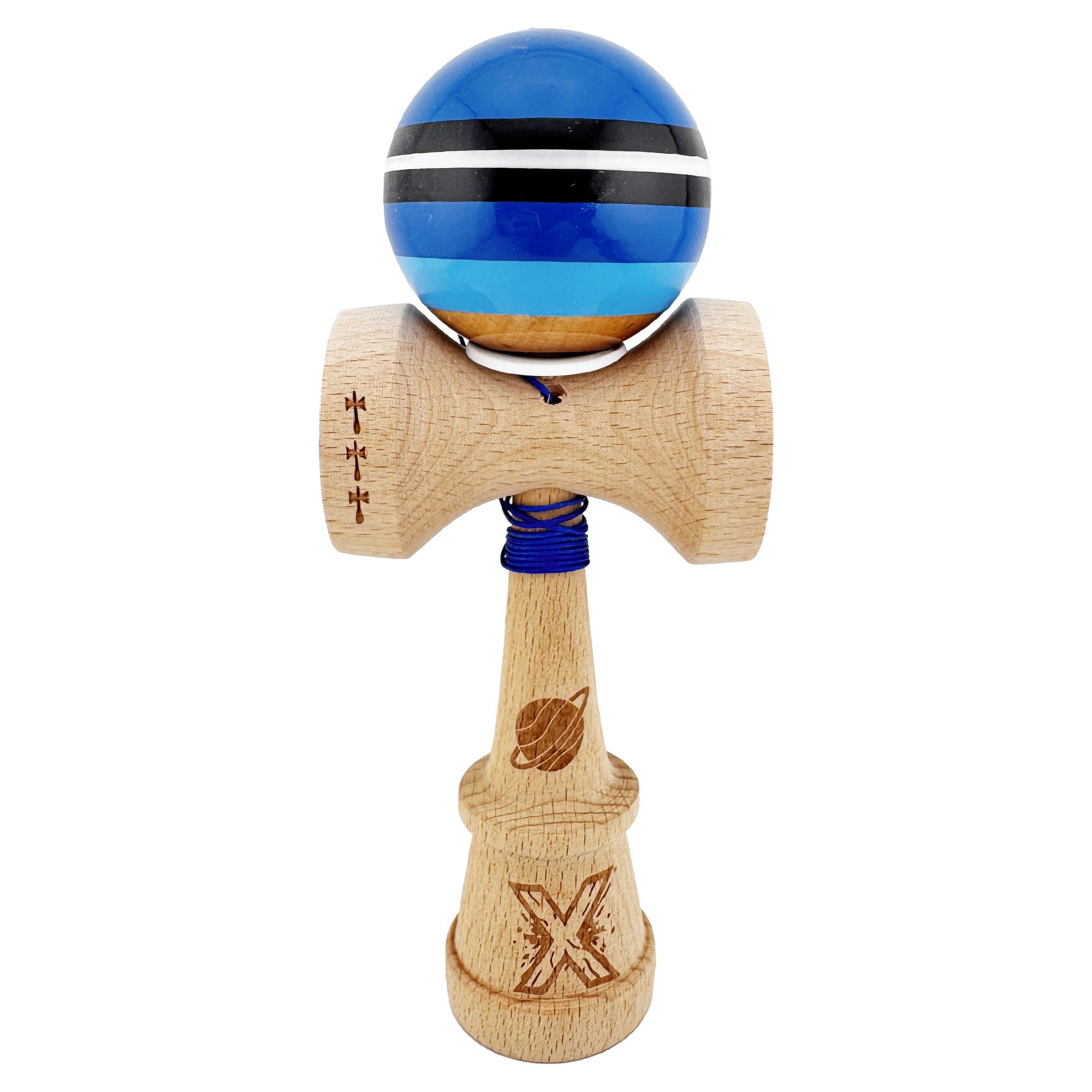 Kendama Super Sticky V3 Cupe Mari - Kendama X Originala, Profesionala, Flippy, SATURN Blue Planet, Super Sticky cu Cupe Mari KING SIZE V3, Gaura in Baza, Rulment Metalic, din lemn 18 cm, Ata 62/65 cm, Albastru