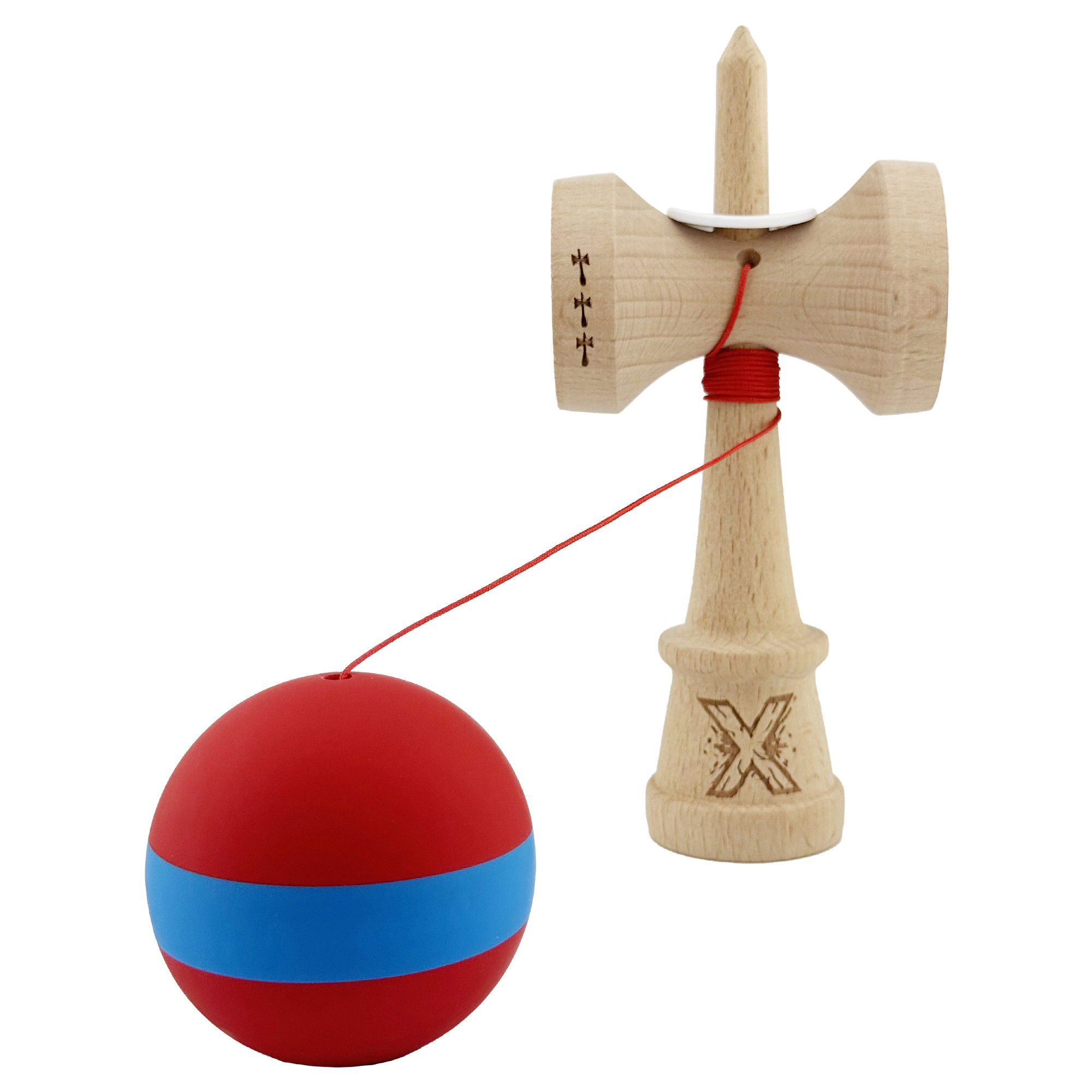 Kendama X Originala, Profesionala, Flippy, Cupe Mari KING SIZE V3, Rubber Grip, Gaura in Baza, Rulment Metalic, din lemn 18 cm, Ata 62/65 cm, M Bicolor Rosu/Albastru [4]
