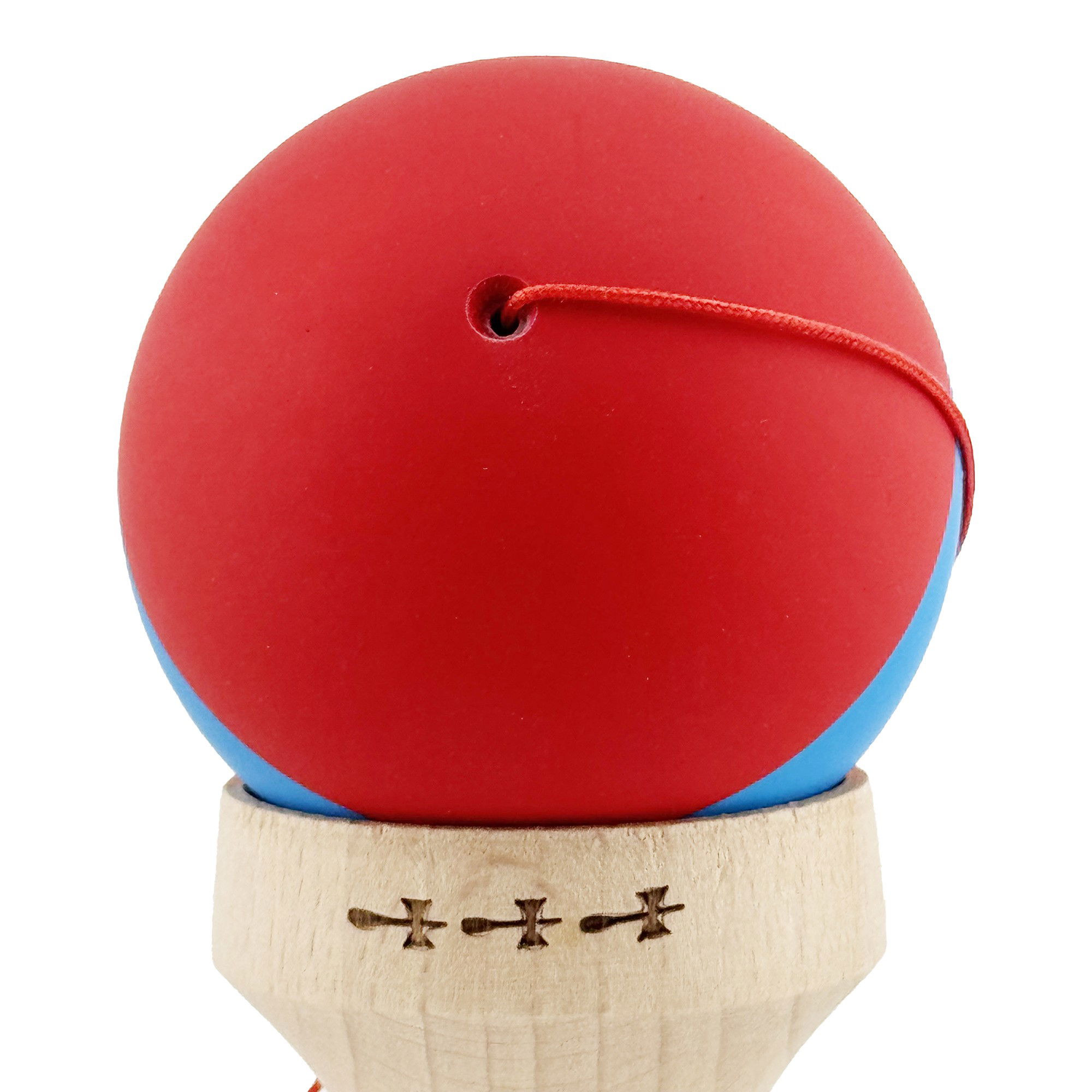 Kendama X Originala, Profesionala, Flippy, Cupe Mari KING SIZE V3, Rubber Grip, Gaura in Baza, Rulment Metalic, din lemn 18 cm, Ata 62/65 cm, M Bicolor Rosu/Albastru [9]