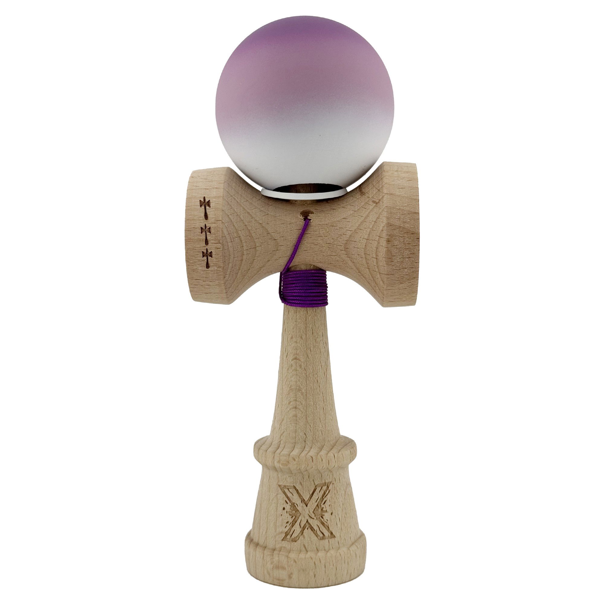 Kendama Rubber Grip V3 Cupe Mari - Kendama X Originala, Profesionala, Flippy, Cupe Mari KING SIZE V3, Rubber Grip, Gaura in Baza, Rulment Metalic, din lemn 18 cm, Ata 62/65 cm, Gradient Mov/Alb