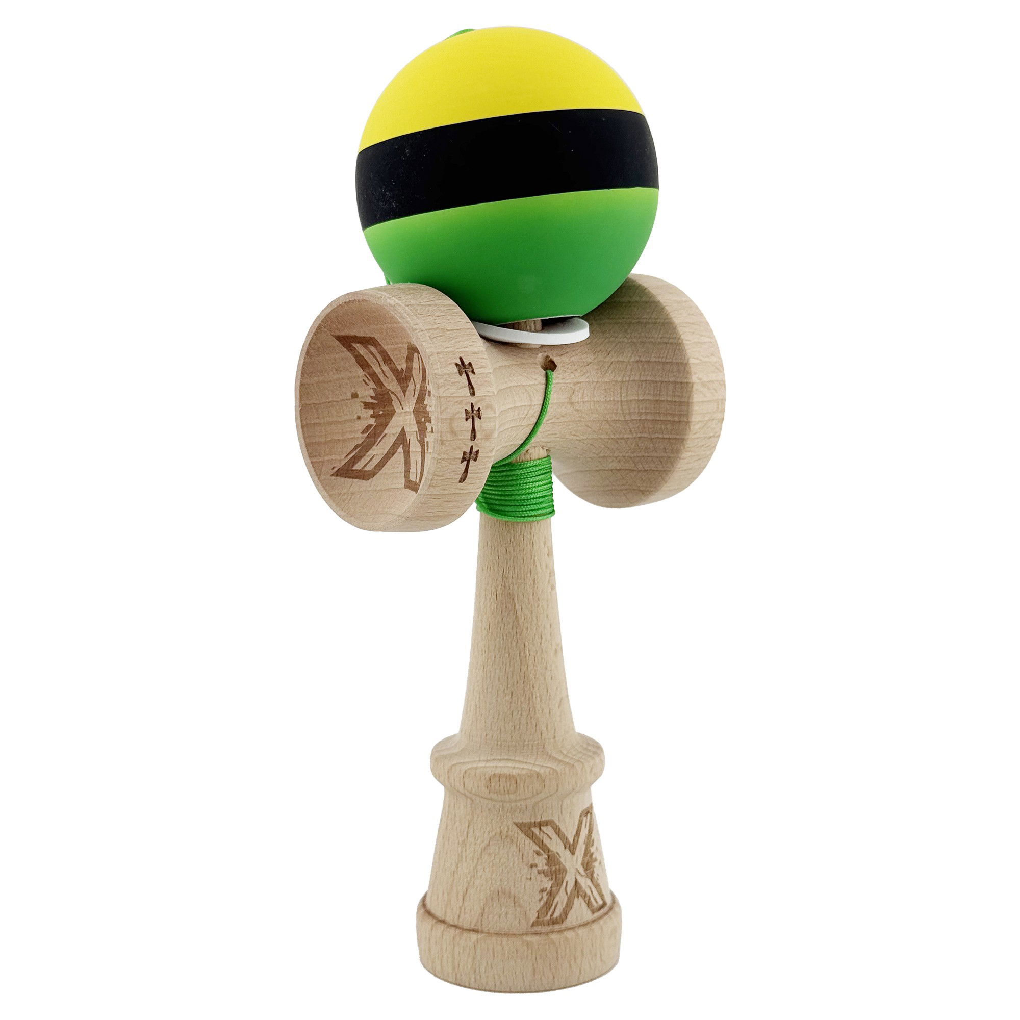 Kendama Rubber Grip V3 Cupe Mari - Kendama X Originala, Profesionala, Flippy, Cupe Mari KING SIZE V3, Rubber Grip, Gaura in Baza, Rulment Metalic, din lemn 18 cm, Ata 62/65 cm, M Galben/Negru/Verde
