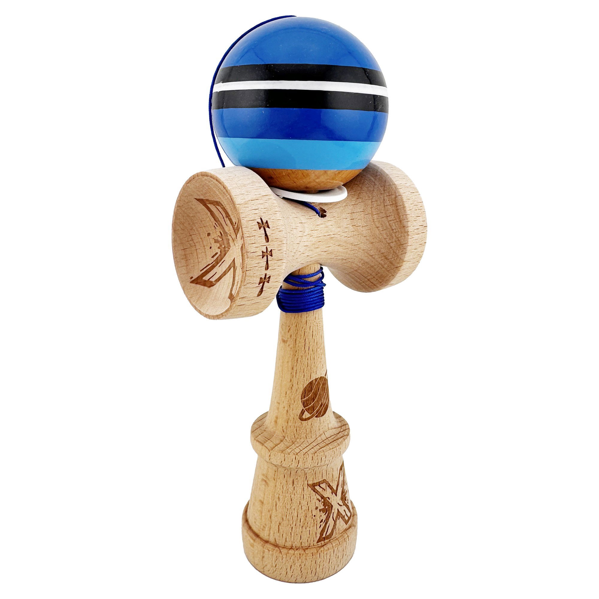 Kendama Super Sticky V3 Cupe Mari - Kendama X Originala, Profesionala, Flippy, SATURN Blue Planet, Super Sticky cu Cupe Mari KING SIZE V3, Gaura in Baza, Rulment Metalic, din lemn 18 cm, Ata 62/65 cm, Albastru