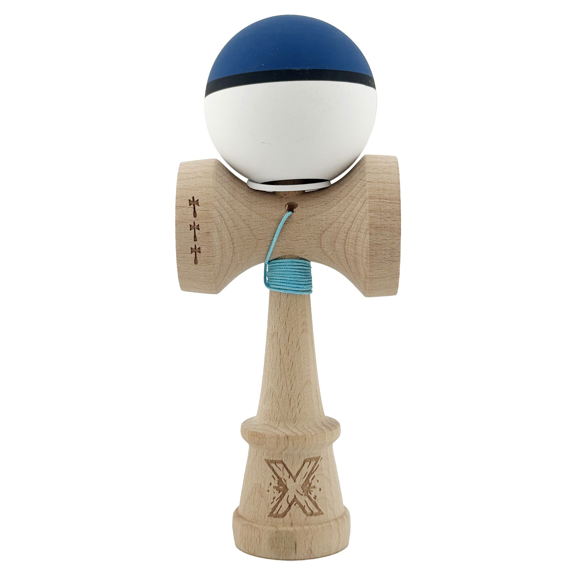 Kendama Rubber Grip V3 Cupe Mari - Kendama X Originala, Profesionala, Flippy, Cupe Mari KING SIZE V3, Rubber Grip, Gaura in Baza, Rulment Metalic, din lemn 18 cm, Ata 62/65 cm, S Bicolor Albastru inchis/Alb