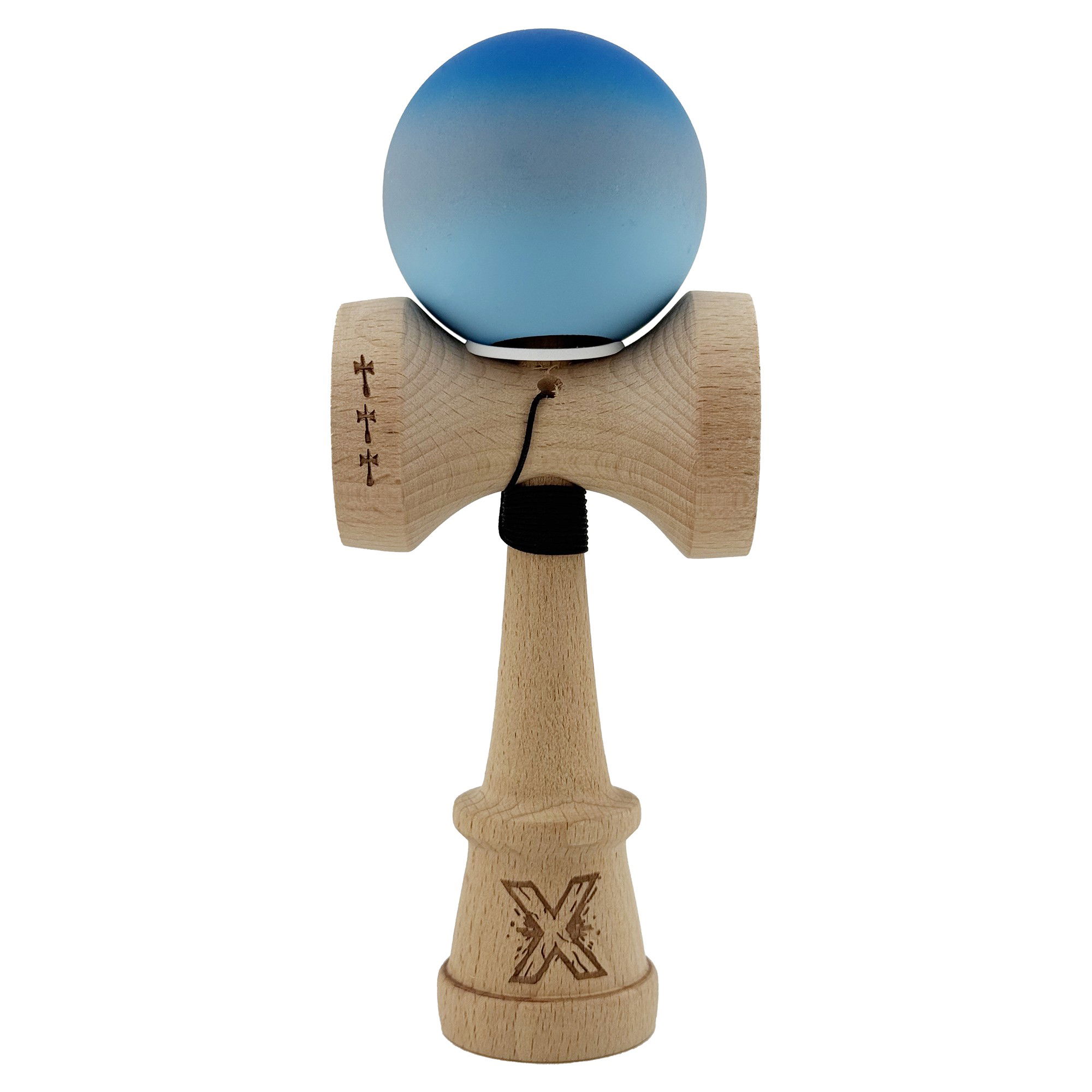 Kendama Rubber Grip V3 Cupe Mari - Kendama X Originala, Profesionala, Flippy, Cupe Mari KING SIZE V3, Rubber Grip, Gaura in Baza, Rulment Metalic, din lemn 18 cm, Ata 62/65 cm, Gradient Albastru/Gri/Albastru deschis