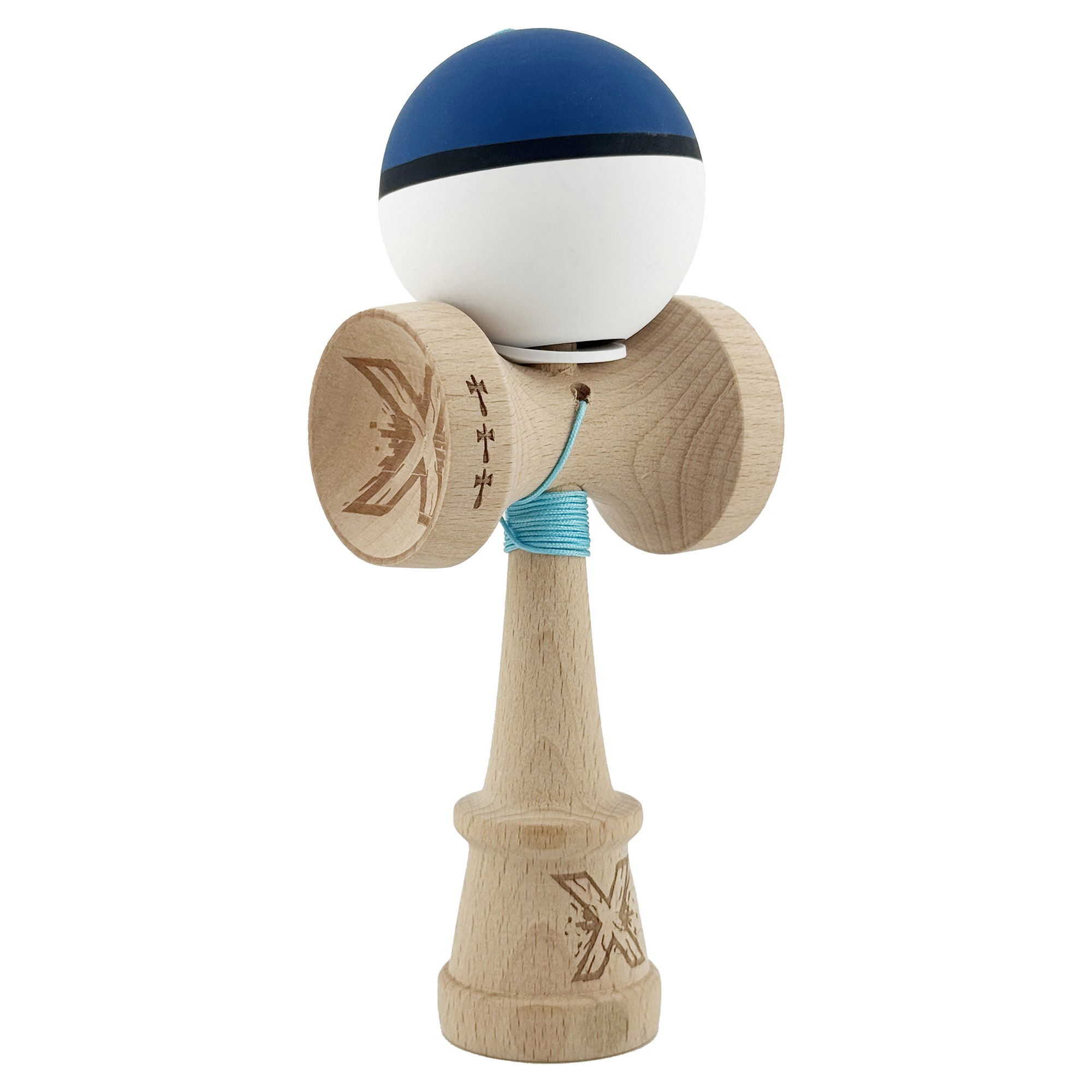 Kendama Rubber Grip V3 Cupe Mari - Kendama X Originala, Profesionala, Flippy, Cupe Mari KING SIZE V3, Rubber Grip, Gaura in Baza, Rulment Metalic, din lemn 18 cm, Ata 62/65 cm, S Bicolor Albastru inchis/Alb