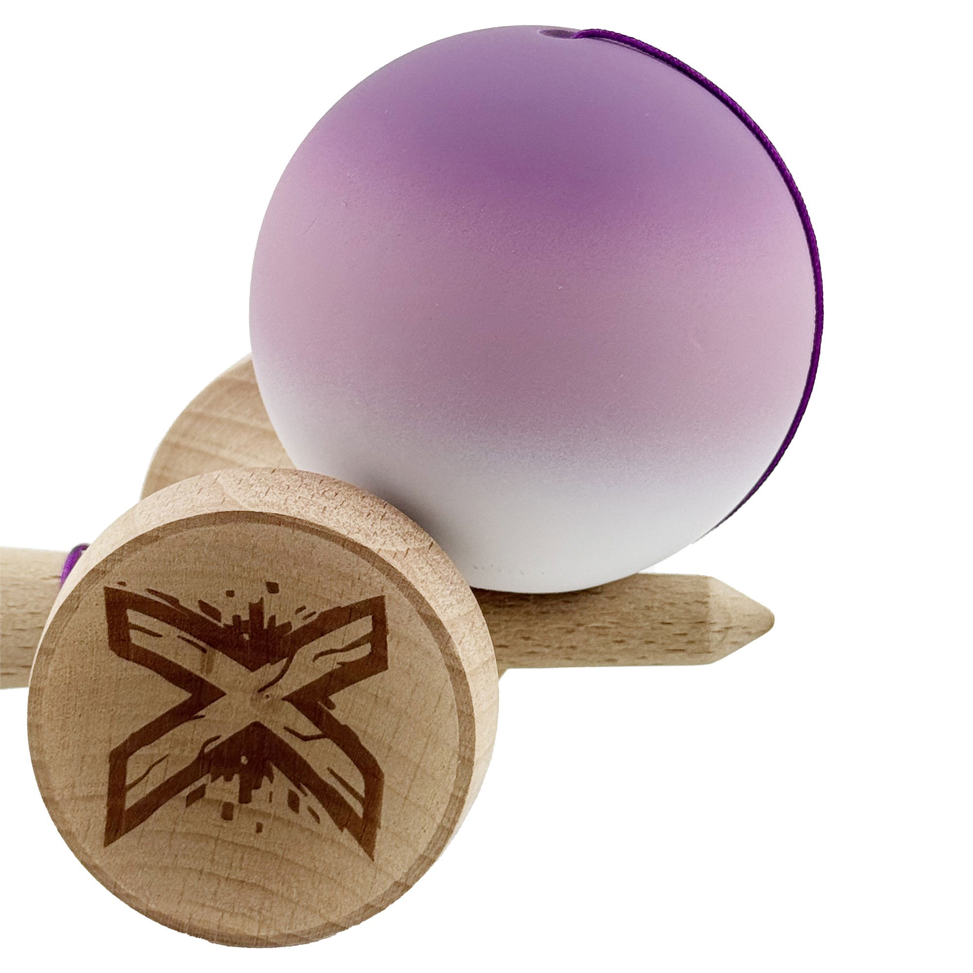 Kendama X Originala, Profesionala, Flippy, Cupe Mari KING SIZE V3, Rubber Grip, Gaura in Baza, Rulment Metalic, din lemn 18 cm, Ata 62/65 cm, Gradient Mov/Alb [8]