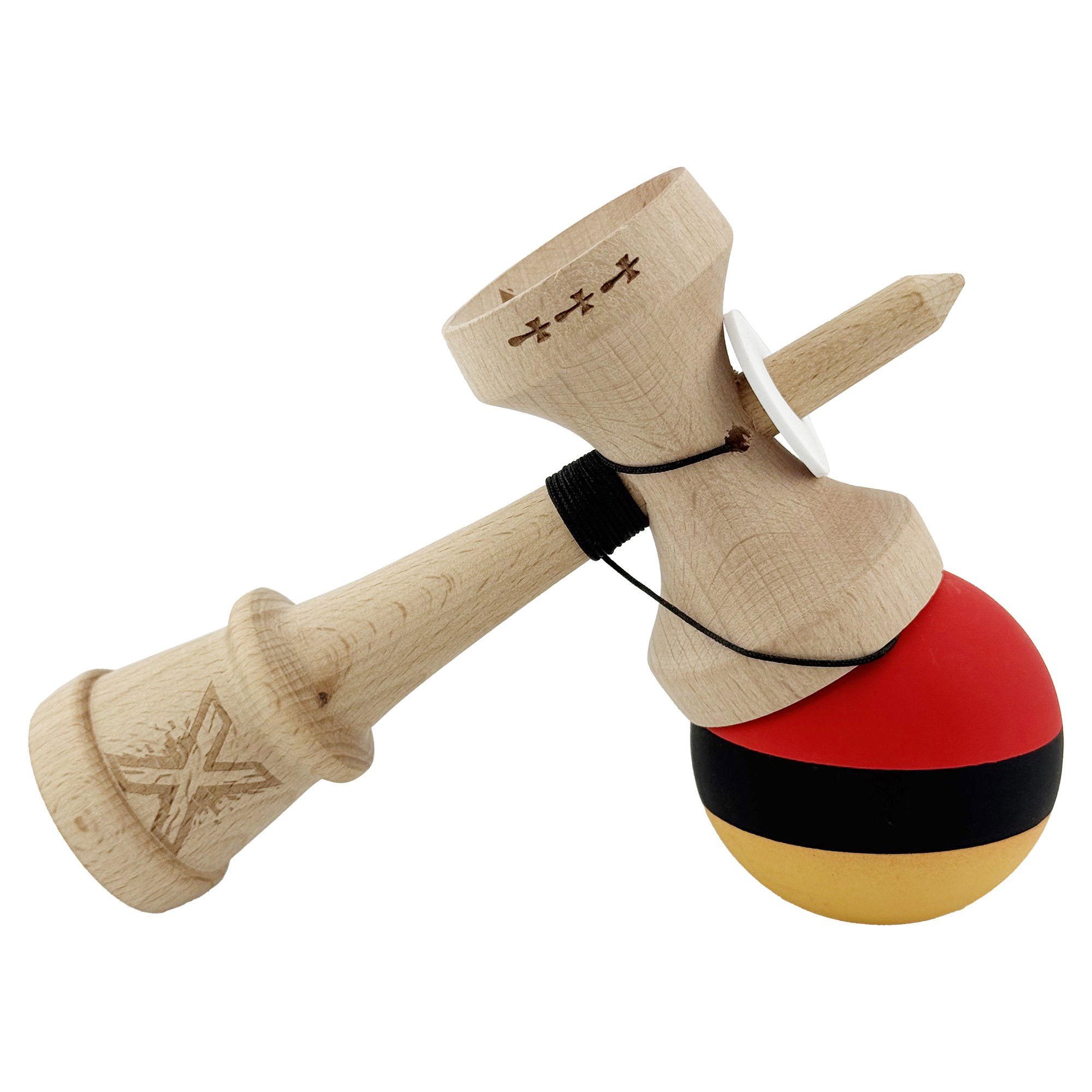 Kendama X Originala, Profesionala, Flippy, Cupe Mari KING SIZE V3, Rubber Grip, Gaura in Baza, Rulment Metalic, din lemn 18 cm, Ata 62/65 cm, M Rosu/Negru/Galben [5]