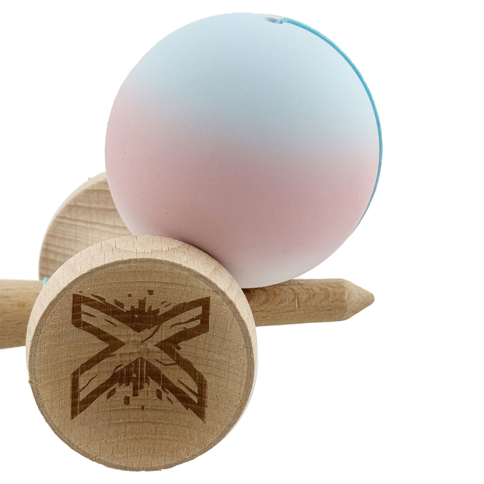 Kendama X Originala, Profesionala, Flippy, Cupe Mari KING SIZE V3, Rubber Grip, Gaura in Baza, Rulment Metalic, din lemn 18 cm, Ata 62/65 cm, Gradient Albastru deschis/Roz/Alb [8]