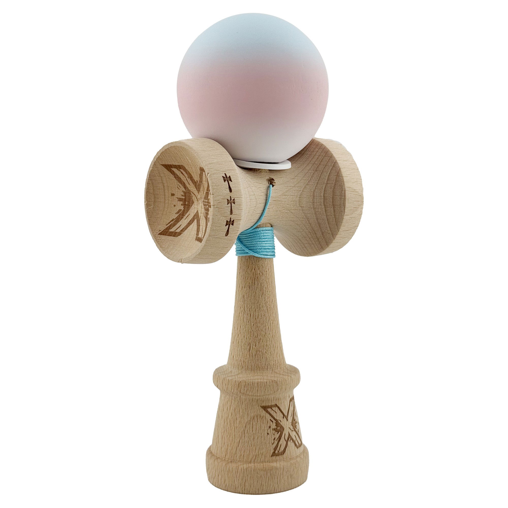 Kendama Rubber Grip V3 Cupe Mari - Kendama X Originala, Profesionala, Flippy, Cupe Mari KING SIZE V3, Rubber Grip, Gaura in Baza, Rulment Metalic, din lemn 18 cm, Ata 62/65 cm, Gradient Albastru deschis/Roz/Alb