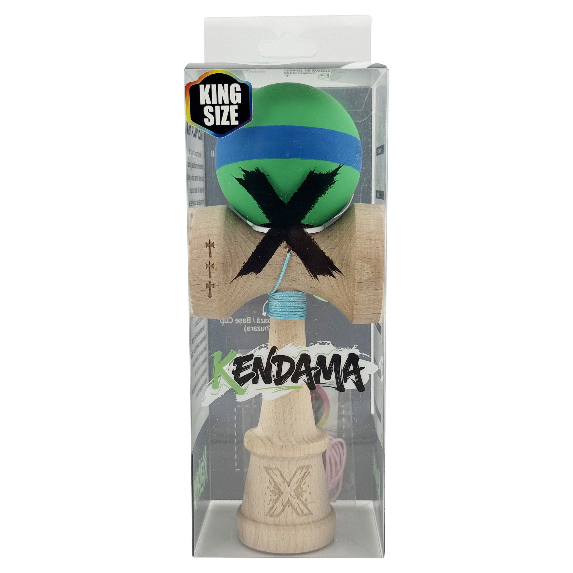 Kendama X Originala, Profesionala, Flippy, Cupe Mari KING SIZE V3, Rubber Grip, Gaura in Baza, Rulment Metalic, din lemn 18 cm, Ata 62/65 cm, M Verde/Albastru/Verde [6]