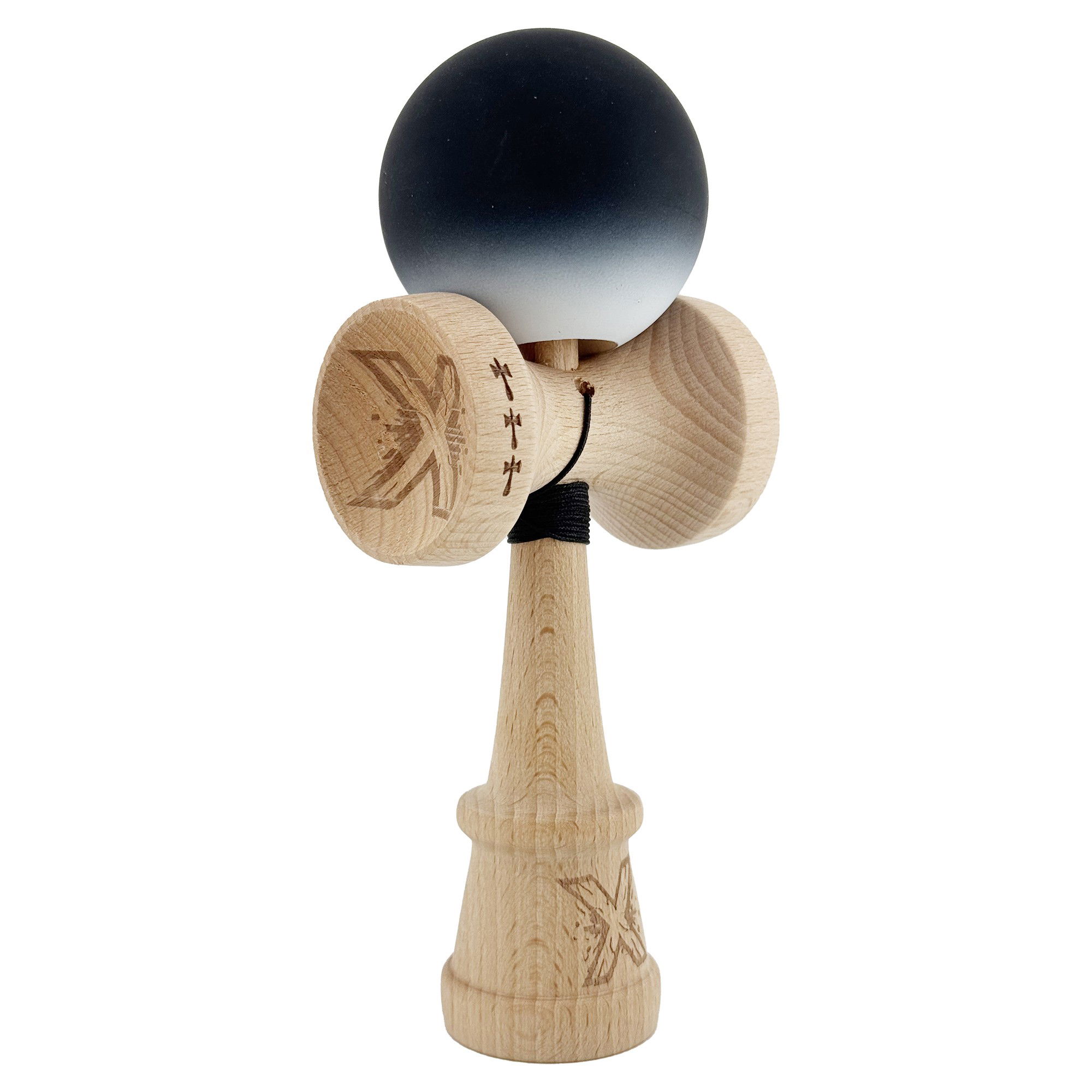 Kendama Rubber Grip V3 Cupe Mari - Kendama X Originala, Profesionala, Flippy, Cupe Mari KING SIZE V3, Rubber Grip, Gaura in Baza, Rulment Metalic, din lemn 18 cm, Ata 62/65 cm, Gradient Negru/Alb