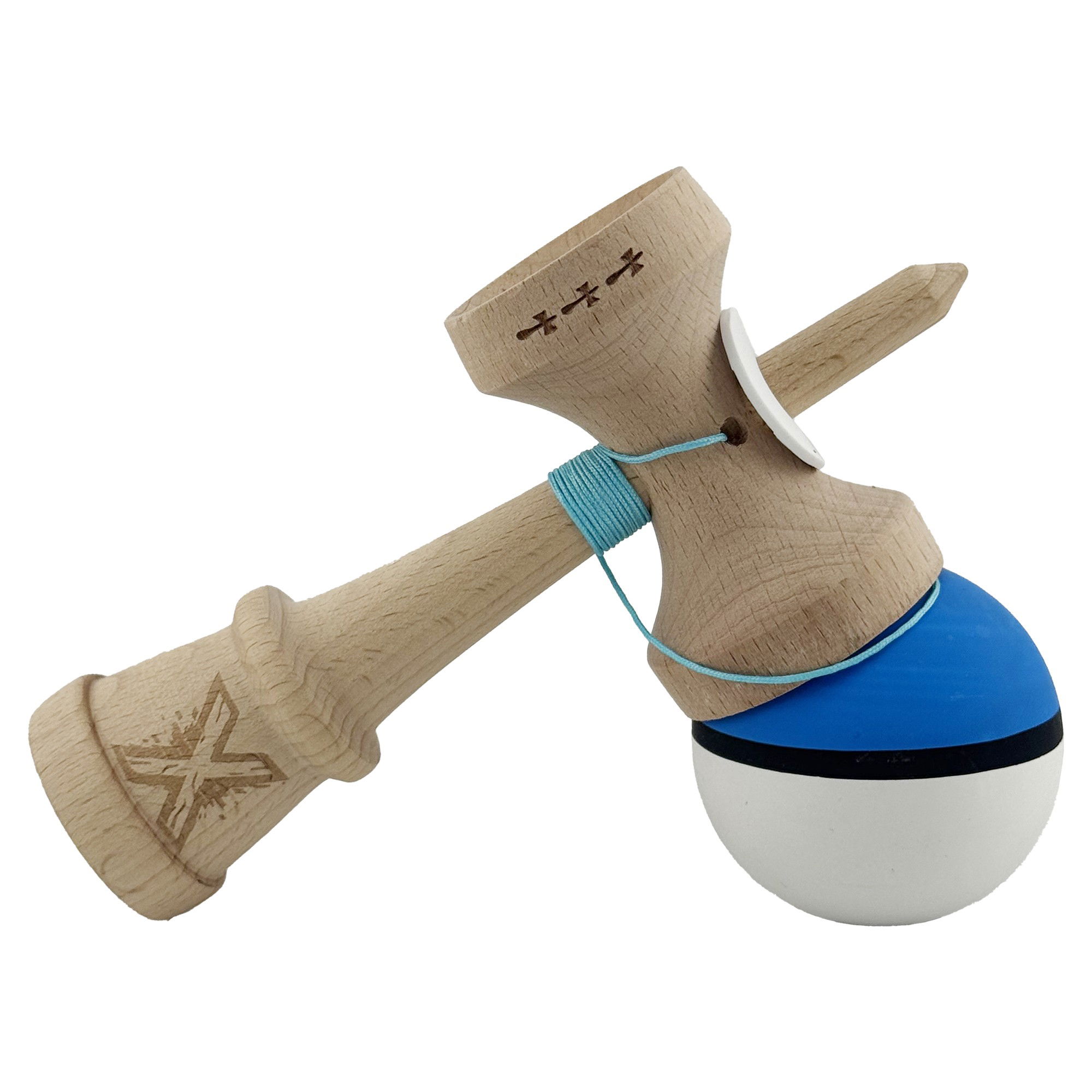 Kendama X Originala, Profesionala, Flippy, Cupe Mari KING SIZE V3, Rubber Grip, Gaura in Baza, Rulment Metalic, din lemn 18 cm, Ata 62/65 cm, S Bicolor Albastru/Alb [5]