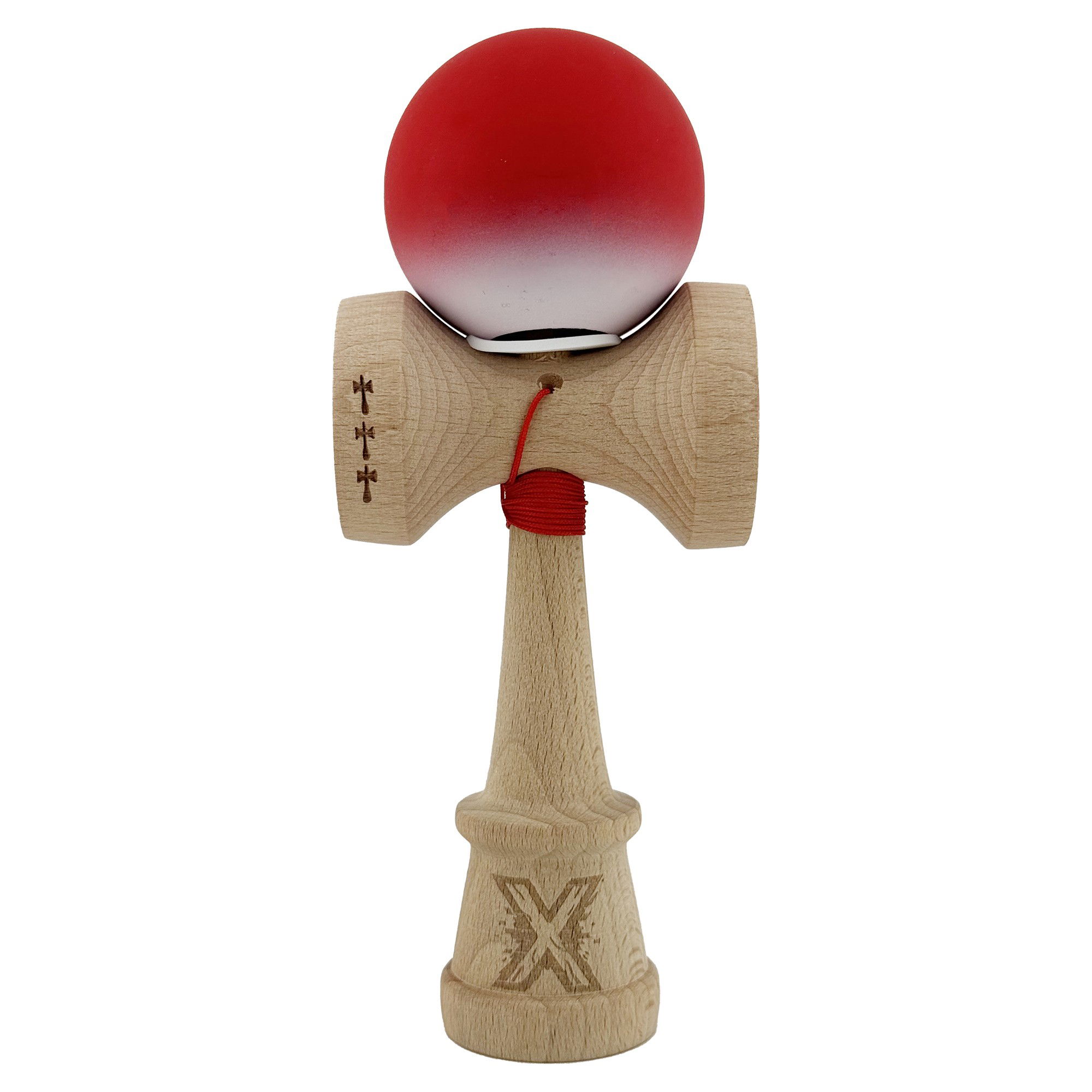 Kendama Rubber Grip V3 Cupe Mari - Kendama X Originala, Profesionala, Flippy, Cupe Mari KING SIZE V3, Rubber Grip, Gaura in Baza, Rulment Metalic, din lemn 18 cm, Ata 62/65 cm, Gradient Rosu/Alb