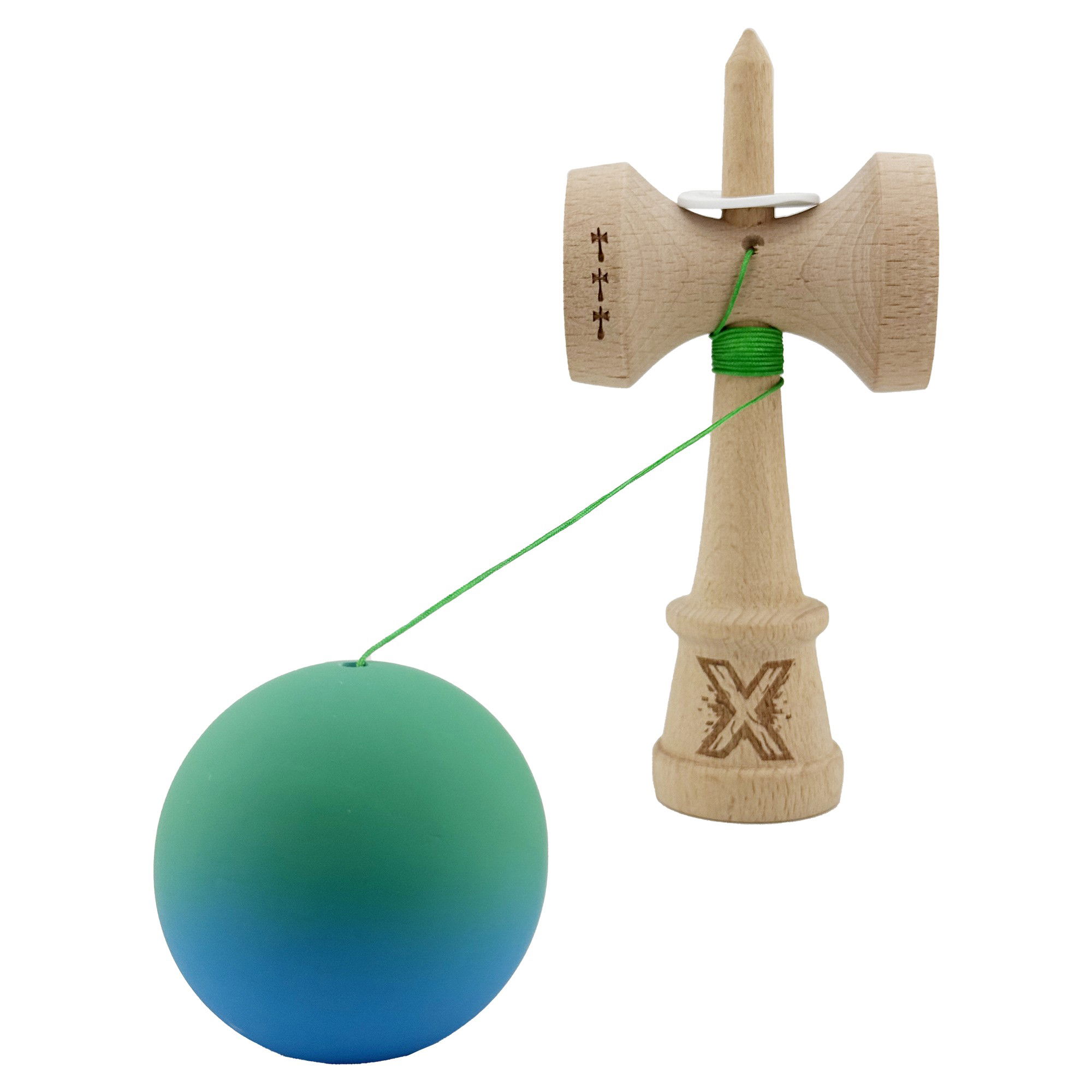 Kendama X Originala, Profesionala, Flippy, Cupe Mari KING SIZE V3, Rubber Grip, Gaura in Baza, Rulment Metalic, din lemn 18 cm, Ata 62/65 cm, Gradient Verde/Albastru [4]