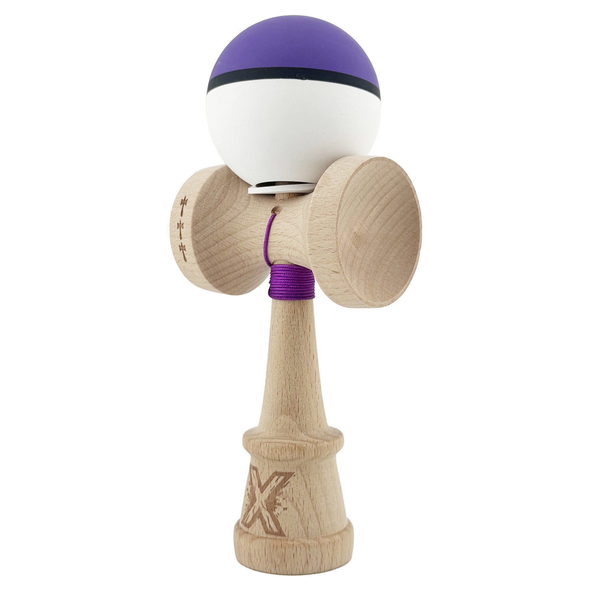 Kendama X Originala, Profesionala, Flippy, Cupe Mari KING SIZE V3, Rubber Grip, Gaura in Baza, Rulment Metalic, din lemn 18 cm, Ata 62/65 cm, S Bicolor Mov/Alb [3]