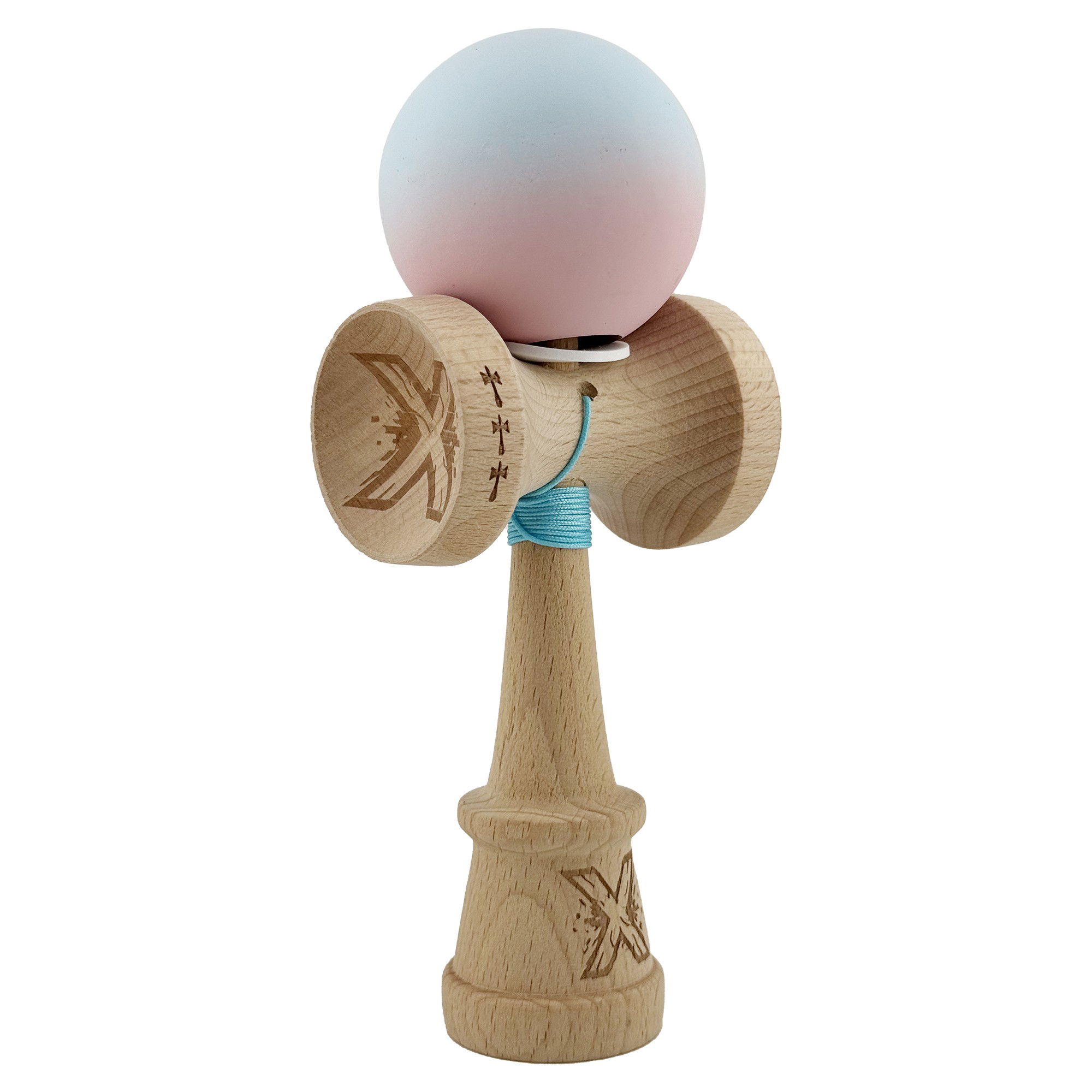 Kendama Rubber Grip V3 Cupe Mari - Kendama X Originala, Profesionala, Flippy, Cupe Mari KING SIZE V3, Rubber Grip, Gaura in Baza, Rulment Metalic, din lemn 18 cm, Ata 62/65 cm, Gradient Albastru deschis/Roz