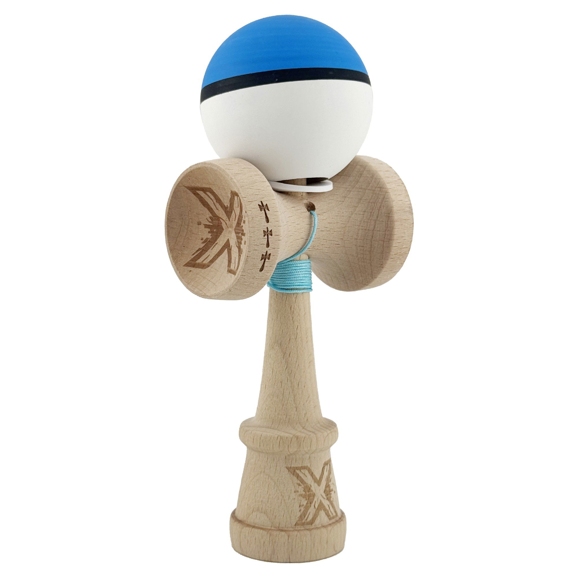 Kendama Rubber Grip V3 Cupe Mari - Kendama X Originala, Profesionala, Flippy, Cupe Mari KING SIZE V3, Rubber Grip, Gaura in Baza, Rulment Metalic, din lemn 18 cm, Ata 62/65 cm, S Bicolor Albastru/Alb