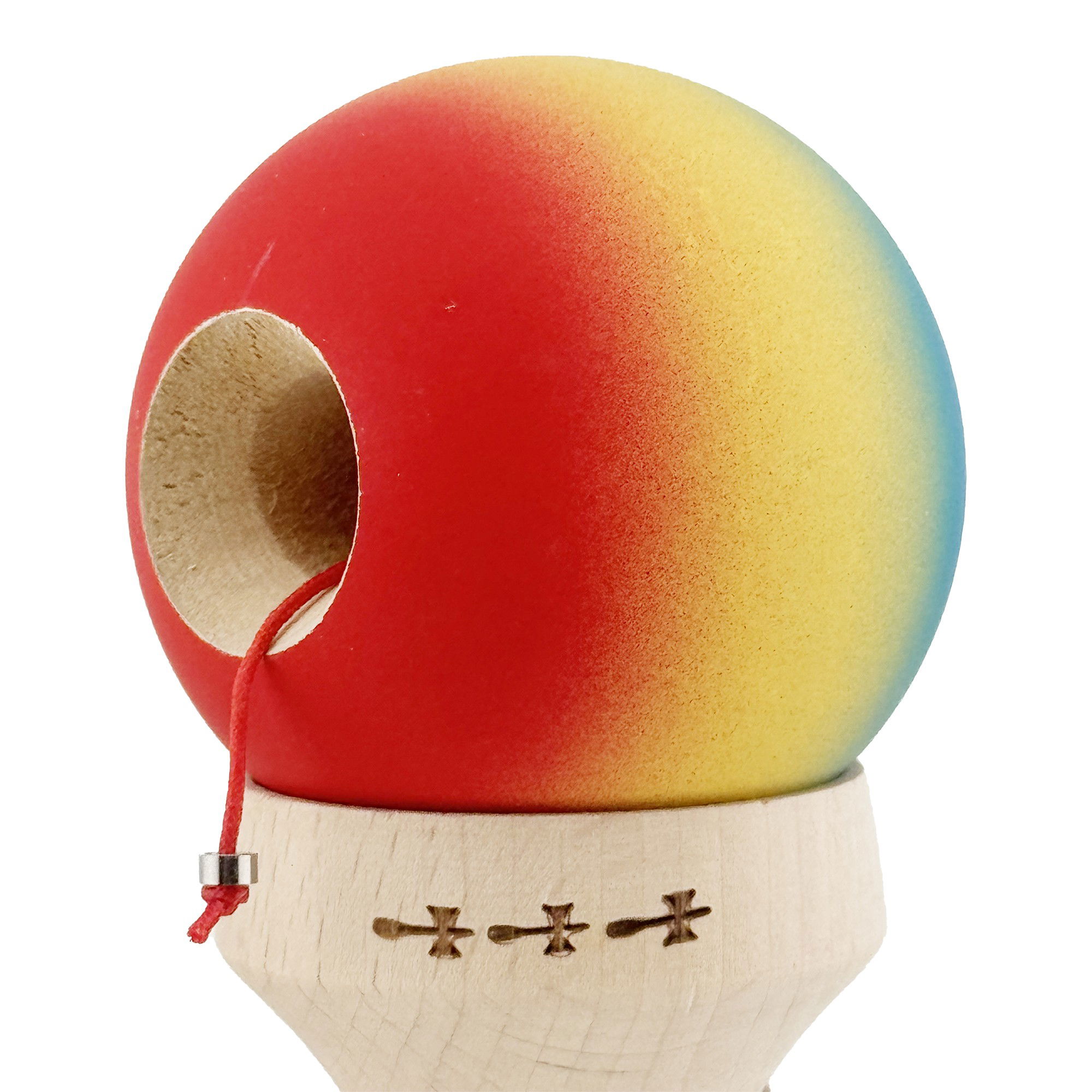 Kendama X Originala, Profesionala, Flippy, Cupe Mari KING SIZE V3, Rubber Grip, Gaura in Baza, Rulment Metalic, din lemn 18 cm, Ata 62/65 cm, Gradient Albastru/Galben/Rosu [6]
