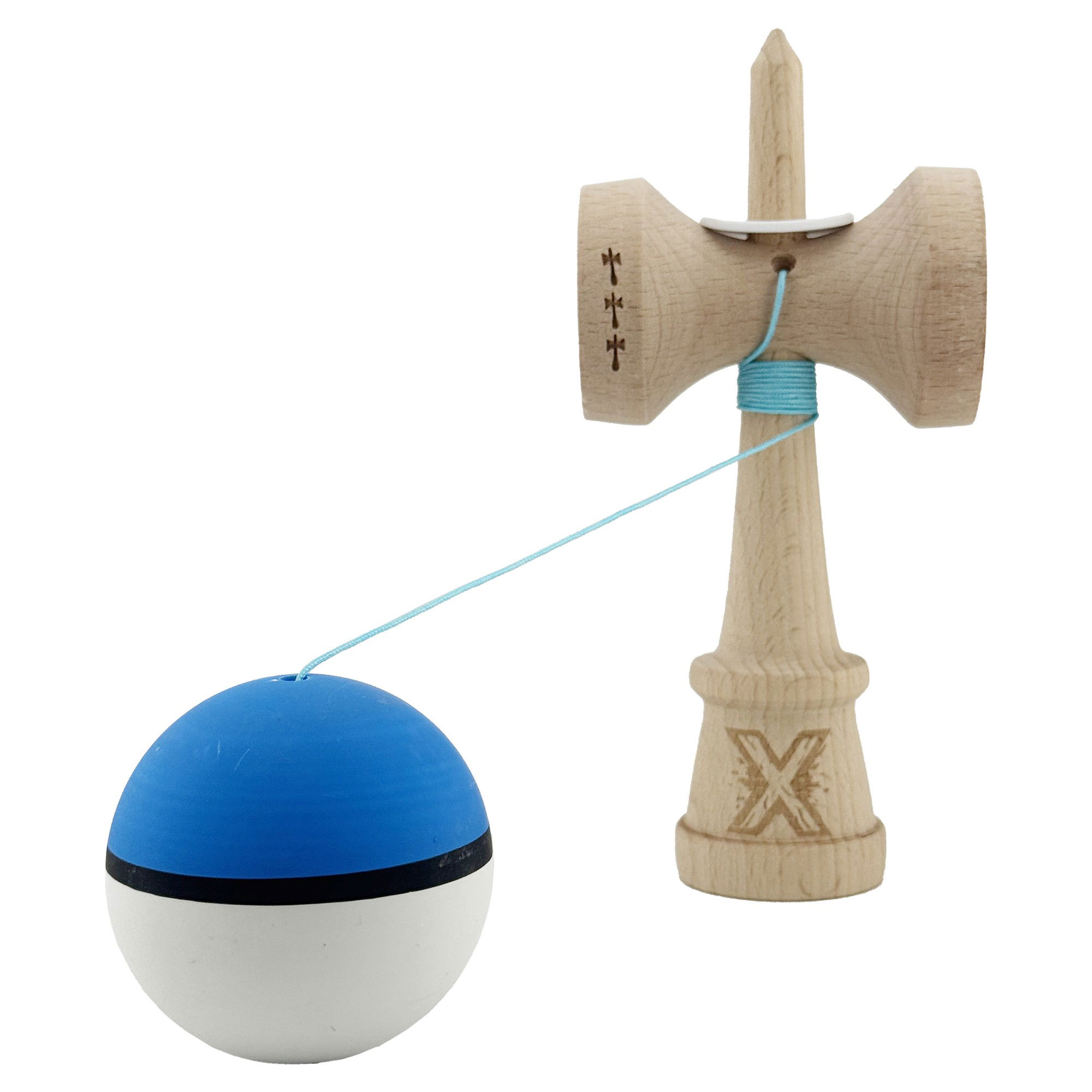 Kendama X Originala, Profesionala, Flippy, Cupe Mari KING SIZE V3, Rubber Grip, Gaura in Baza, Rulment Metalic, din lemn 18 cm, Ata 62/65 cm, S Bicolor Albastru/Alb [4]