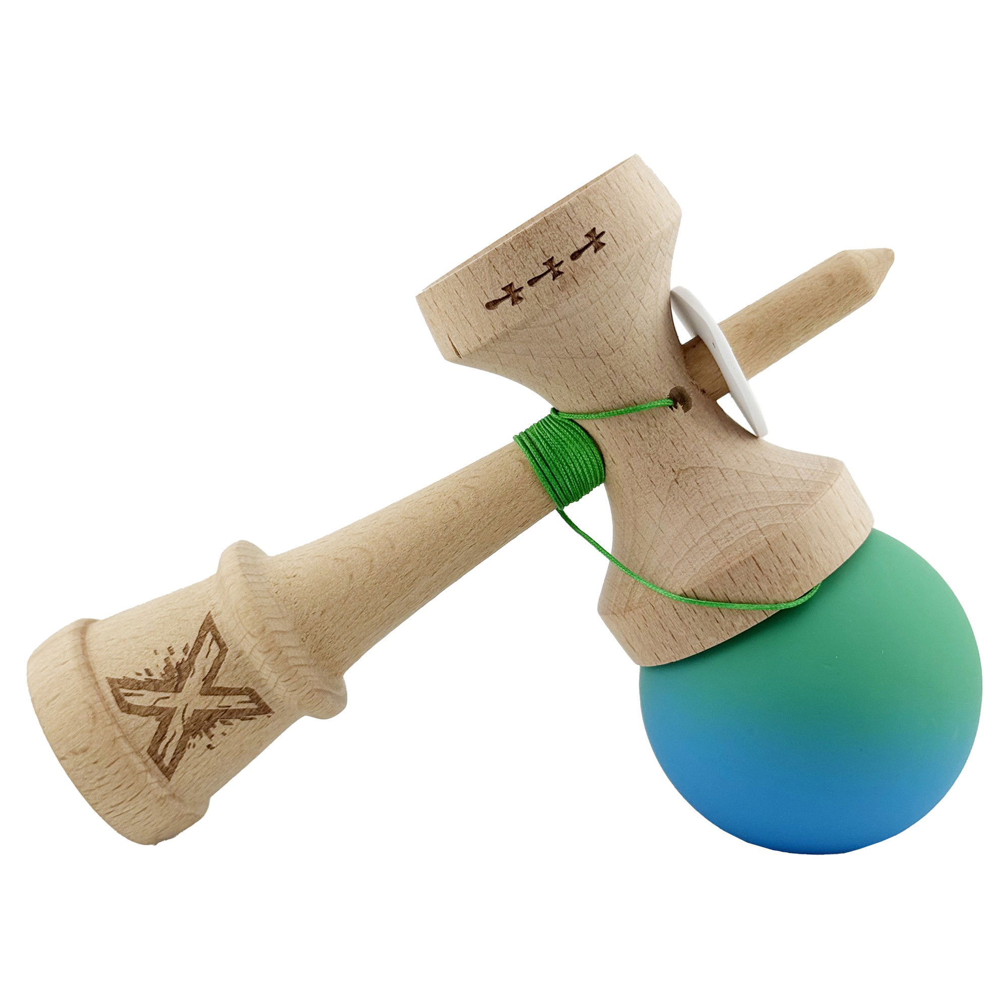Kendama X Originala, Profesionala, Flippy, Cupe Mari KING SIZE V3, Rubber Grip, Gaura in Baza, Rulment Metalic, din lemn 18 cm, Ata 62/65 cm, Gradient Verde/Albastru [5]
