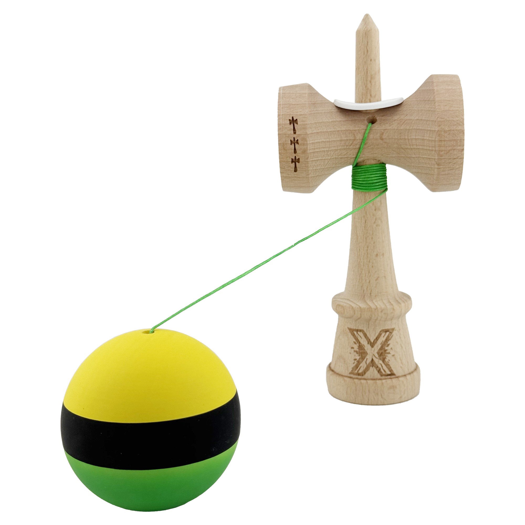Kendama X Originala, Profesionala, Flippy, Cupe Mari KING SIZE V3, Rubber Grip, Gaura in Baza, Rulment Metalic, din lemn 18 cm, Ata 62/65 cm, M Galben/Negru/Verde [4]