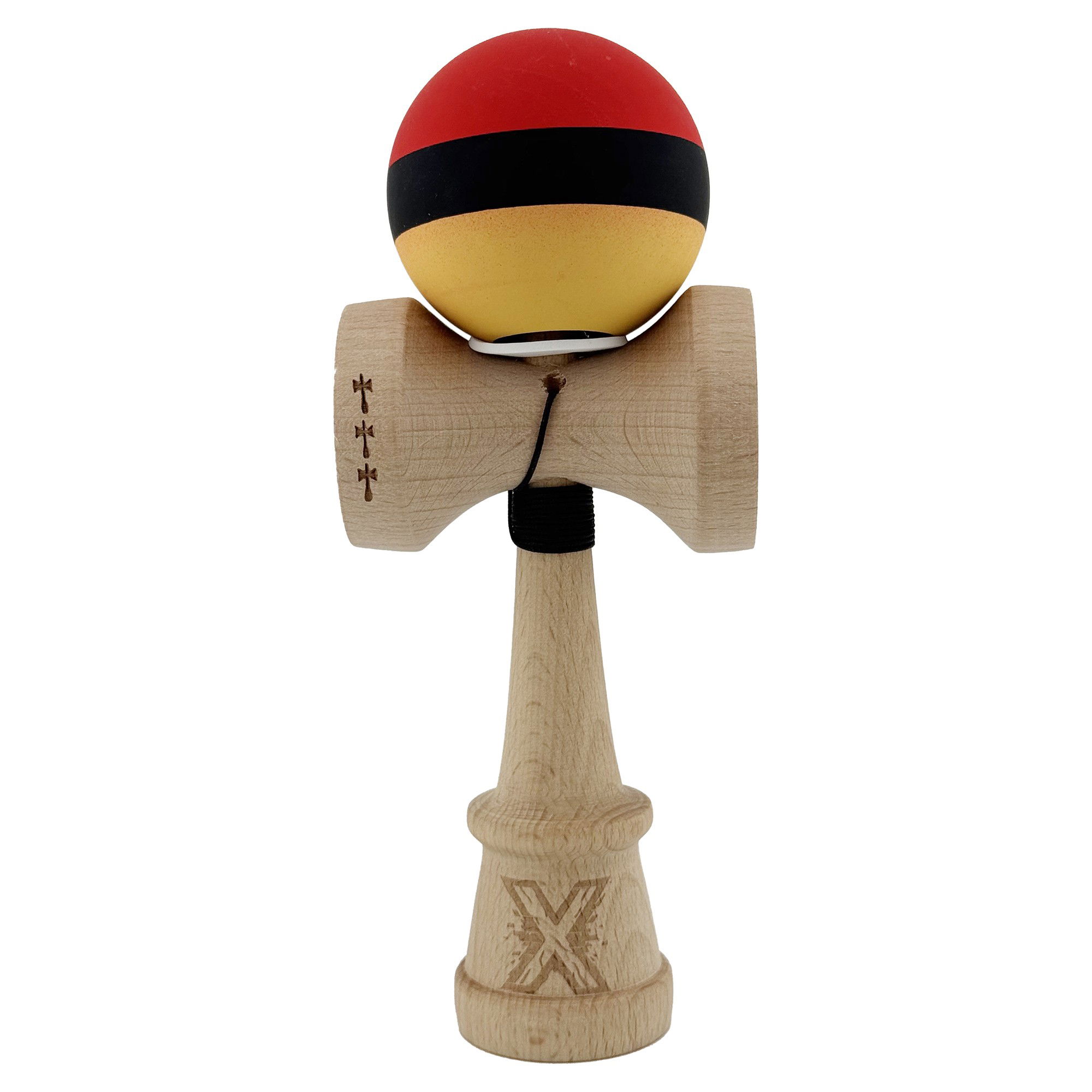 Kendama Rubber Grip V3 Cupe Mari - Kendama X Originala, Profesionala, Flippy, Cupe Mari KING SIZE V3, Rubber Grip, Gaura in Baza, Rulment Metalic, din lemn 18 cm, Ata 62/65 cm, M Rosu/Negru/Galben
