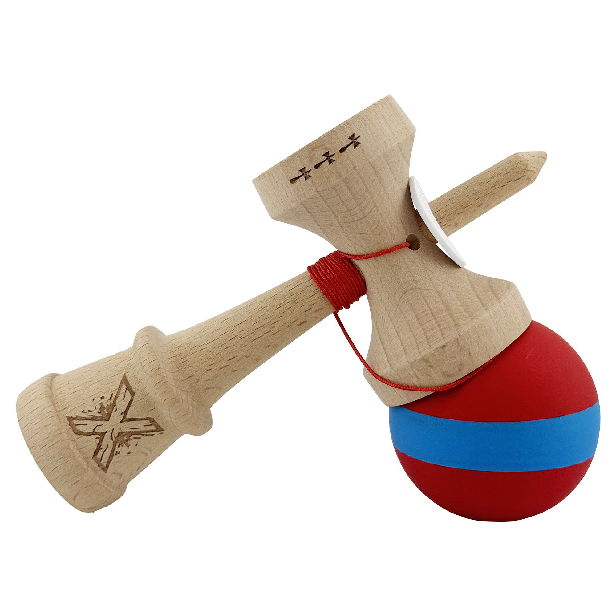 Kendama X Originala, Profesionala, Flippy, Cupe Mari KING SIZE V3, Rubber Grip, Gaura in Baza, Rulment Metalic, din lemn 18 cm, Ata 62/65 cm, M Bicolor Rosu/Albastru [5]
