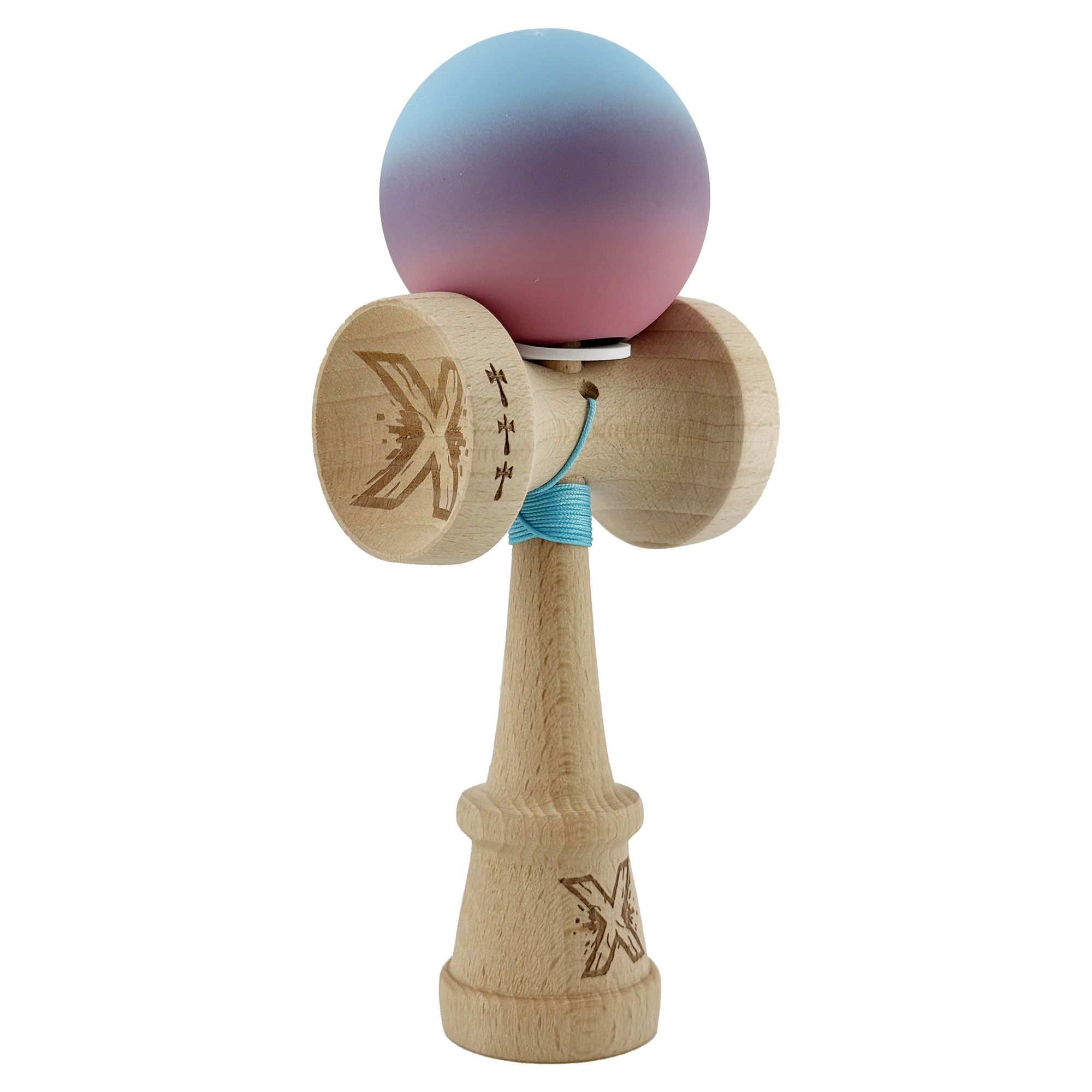 Kendama Rubber Grip V3 Cupe Mari - Kendama X Originala, Profesionala, Flippy, Cupe Mari KING SIZE V3, Rubber Grip, Gaura in Baza, Rulment Metalic, din lemn 18 cm, Ata 62/65 cm, Gradient Albastru deschis/Mov/Roz