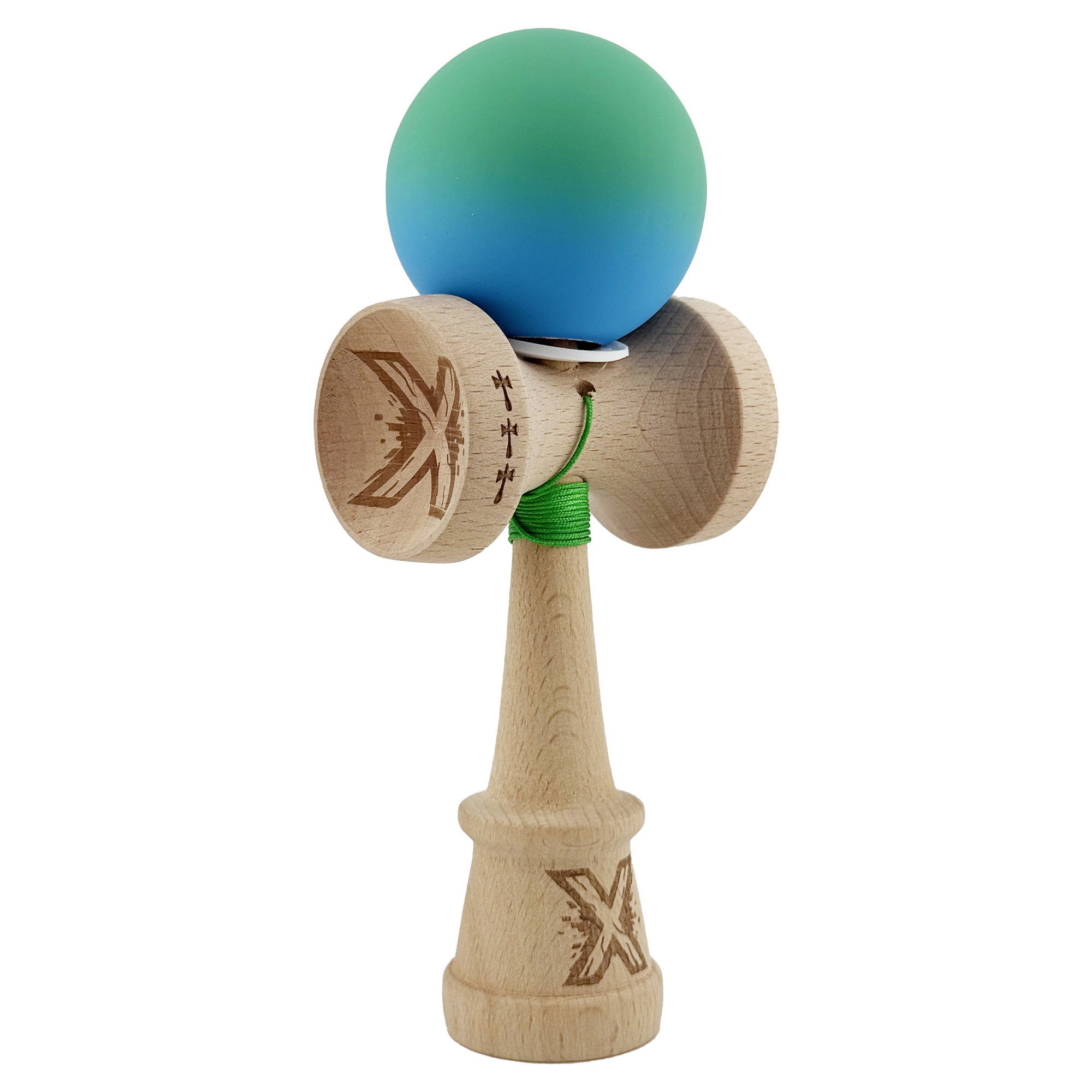 Kendama Rubber Grip V3 Cupe Mari - Kendama X Originala, Profesionala, Flippy, Cupe Mari KING SIZE V3, Rubber Grip, Gaura in Baza, Rulment Metalic, din lemn 18 cm, Ata 62/65 cm, Gradient Verde/Albastru