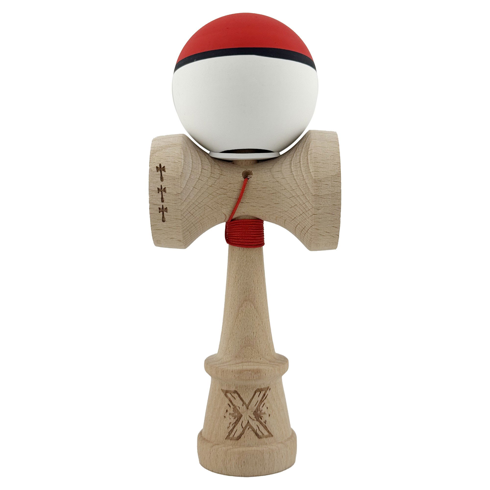 Kendama Rubber Grip V3 Cupe Mari - Kendama X Originala, Profesionala, Flippy, Cupe Mari KING SIZE V3, Rubber Grip, Gaura in Baza, Rulment Metalic, din lemn 18 cm, Ata 62/65 cm, S Bicolor Rosu/Alb