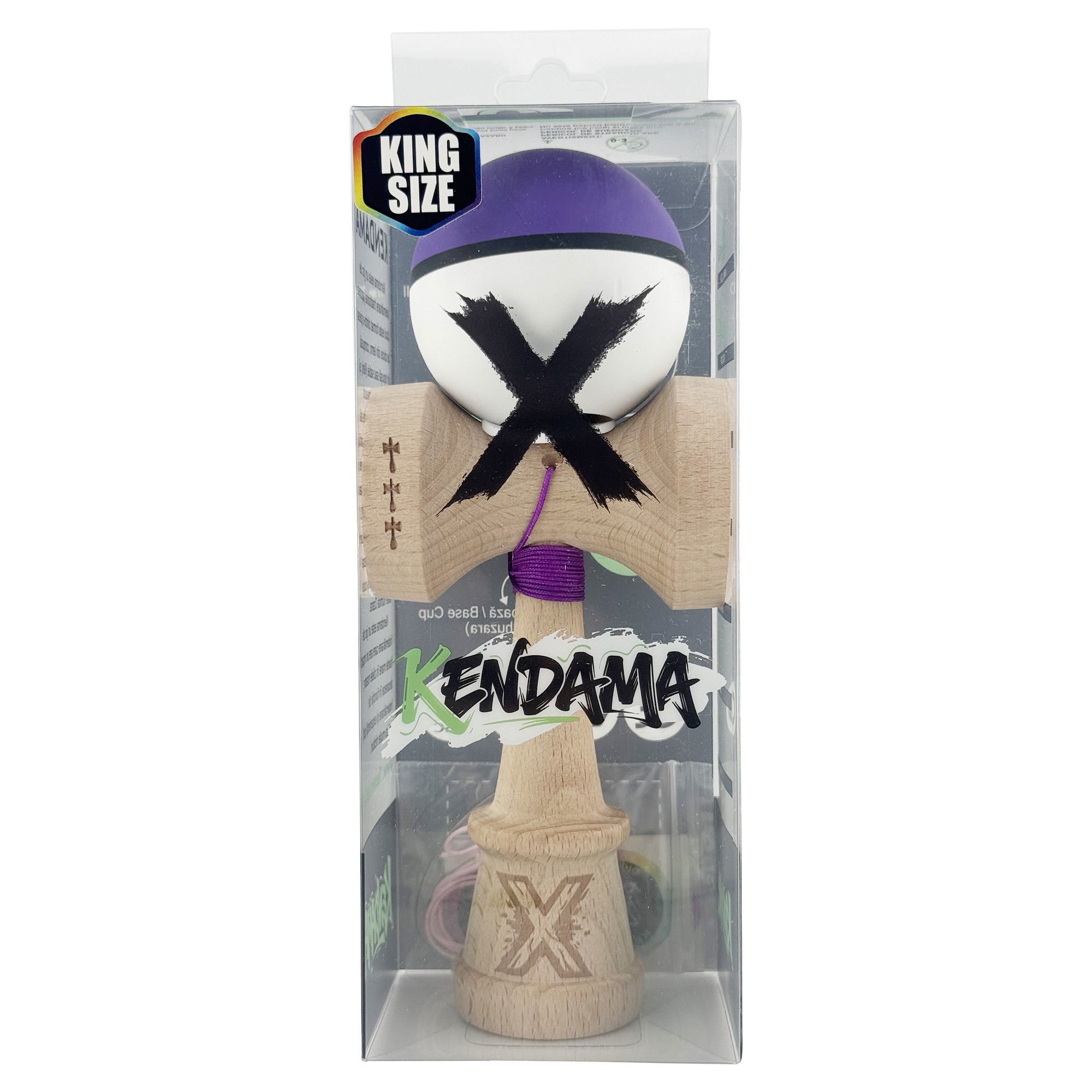 Kendama X Originala, Profesionala, Flippy, Cupe Mari KING SIZE V3, Rubber Grip, Gaura in Baza, Rulment Metalic, din lemn 18 cm, Ata 62/65 cm, S Bicolor Mov/Alb [5]