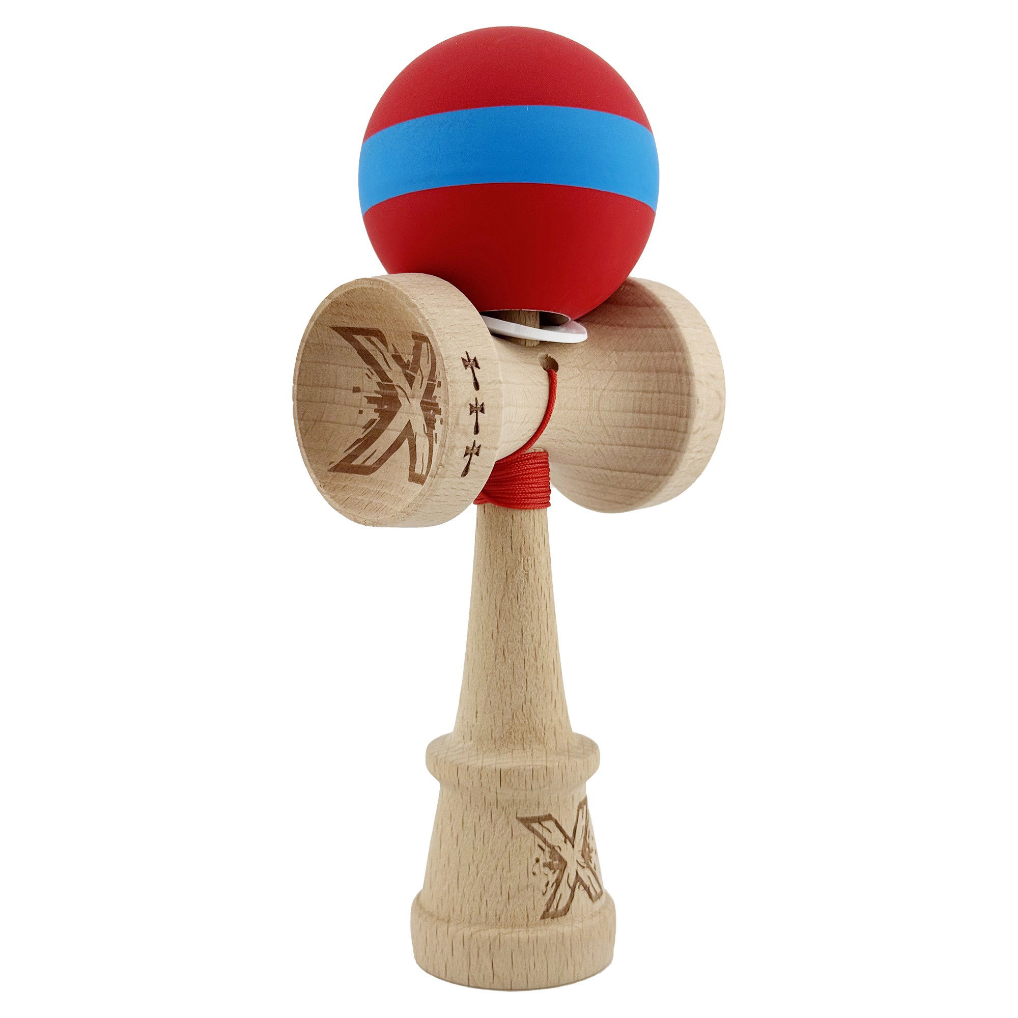 Kendama Rubber Grip V3 Cupe Mari - Kendama X Originala, Profesionala, Flippy, Cupe Mari KING SIZE V3, Rubber Grip, Gaura in Baza, Rulment Metalic, din lemn 18 cm, Ata 62/65 cm, M Bicolor Rosu/Albastru