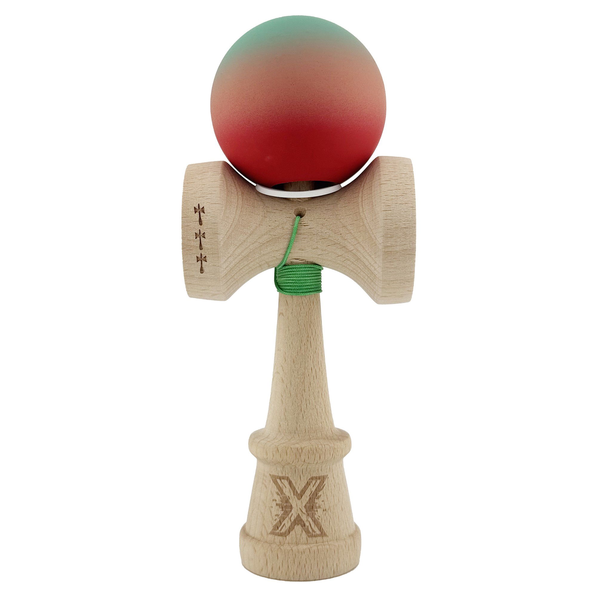 Kendama Rubber Grip V3 Cupe Mari - Kendama X Originala, Profesionala, Flippy, Cupe Mari KING SIZE V3, Rubber Grip, Gaura in Baza, Rulment Metalic, din lemn 18 cm, Ata 62/65 cm, Gradient Verde/Roz/Rosu