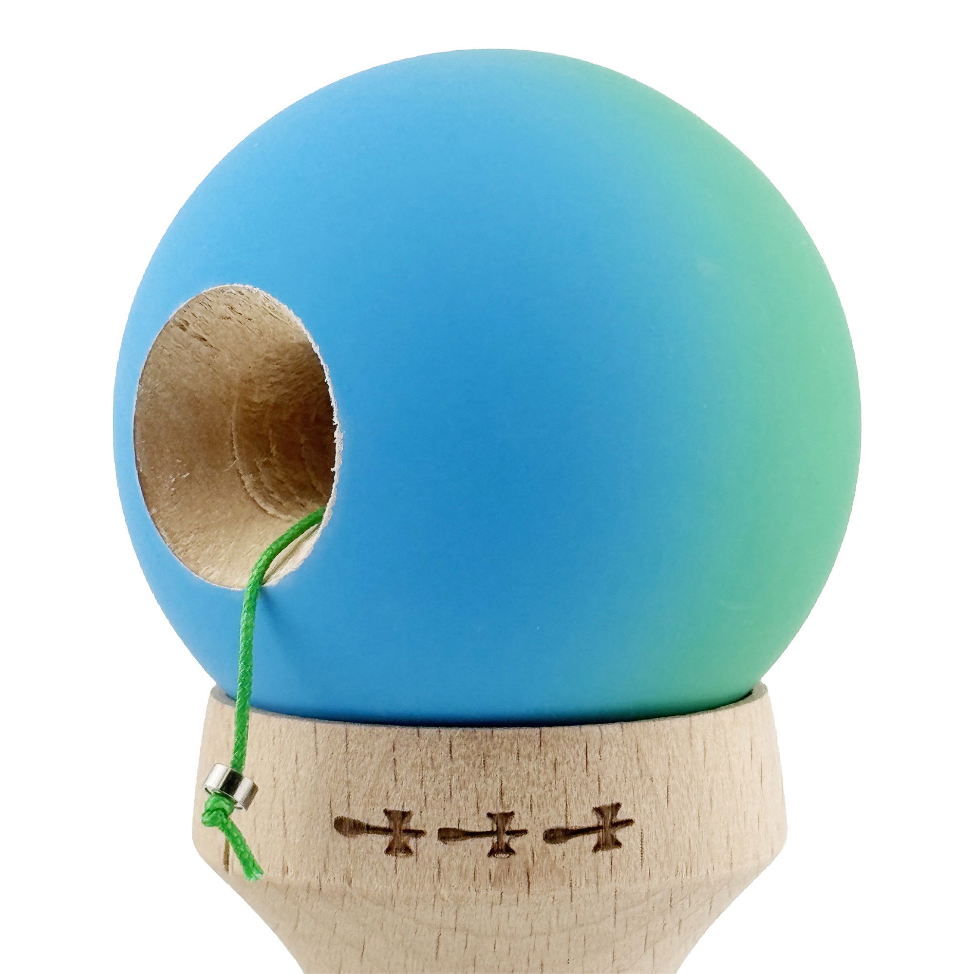 Kendama X Originala, Profesionala, Flippy, Cupe Mari KING SIZE V3, Rubber Grip, Gaura in Baza, Rulment Metalic, din lemn 18 cm, Ata 62/65 cm, Gradient Verde/Albastru [6]