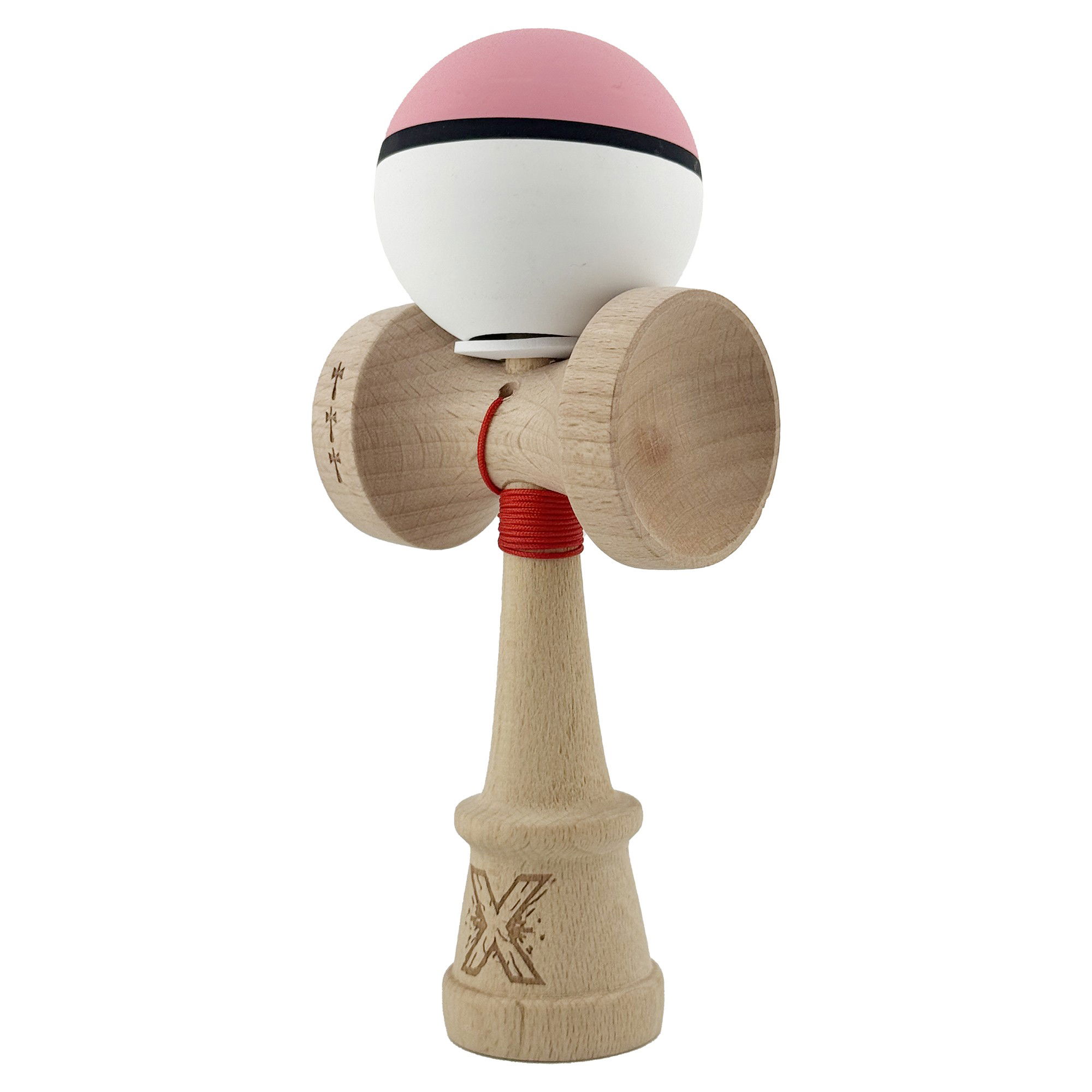 Kendama X Originala, Profesionala, Flippy, Cupe Mari KING SIZE V3, Rubber Grip, Gaura in Baza, Rulment Metalic, din lemn 18 cm, Ata 62/65 cm, S Bicolor Roz/Alb [3]