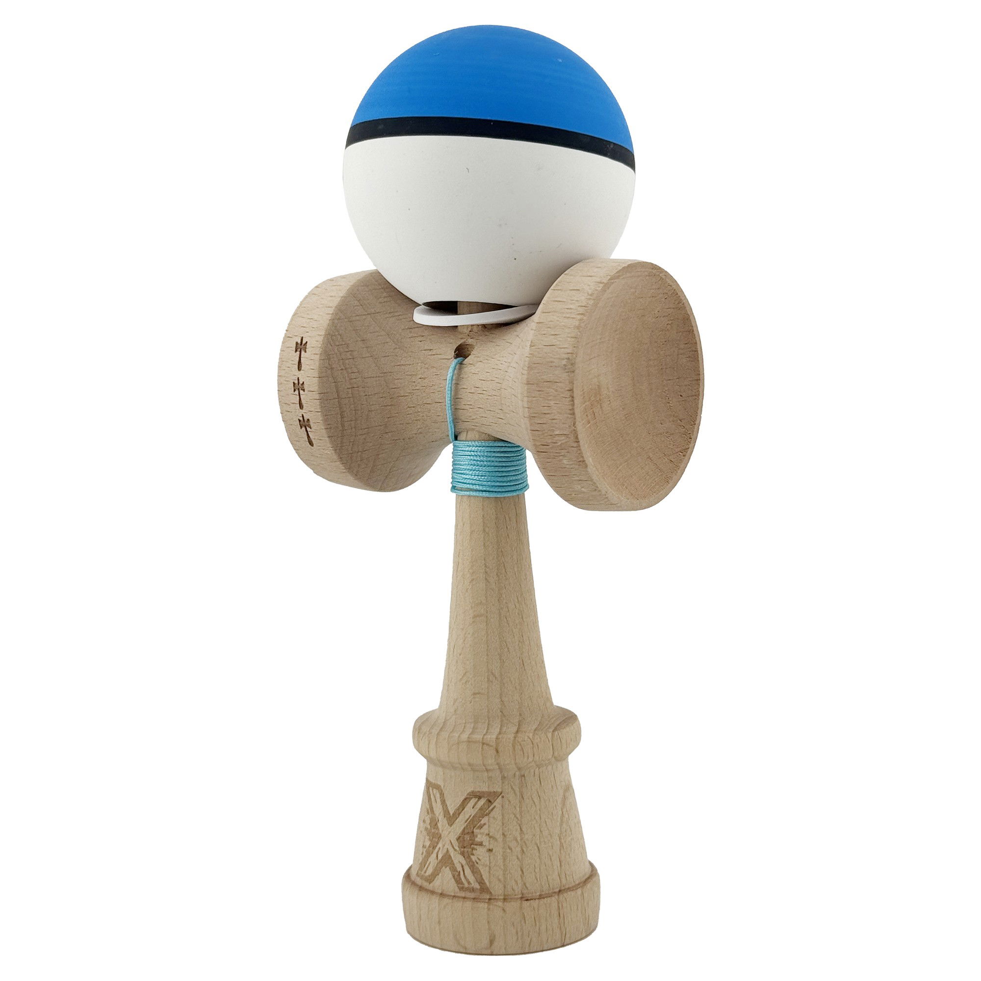 Kendama X Originala, Profesionala, Flippy, Cupe Mari KING SIZE V3, Rubber Grip, Gaura in Baza, Rulment Metalic, din lemn 18 cm, Ata 62/65 cm, S Bicolor Albastru/Alb [3]