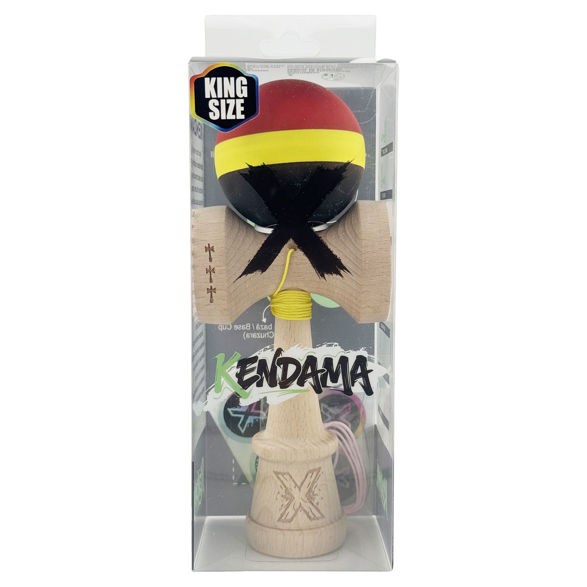 Kendama X Originala, Profesionala, Flippy, Cupe Mari KING SIZE V3, Rubber Grip, Gaura in Baza, Rulment Metalic, din lemn 18 cm, Ata 62/65 cm, M Rosu/Galben/Negru [6]