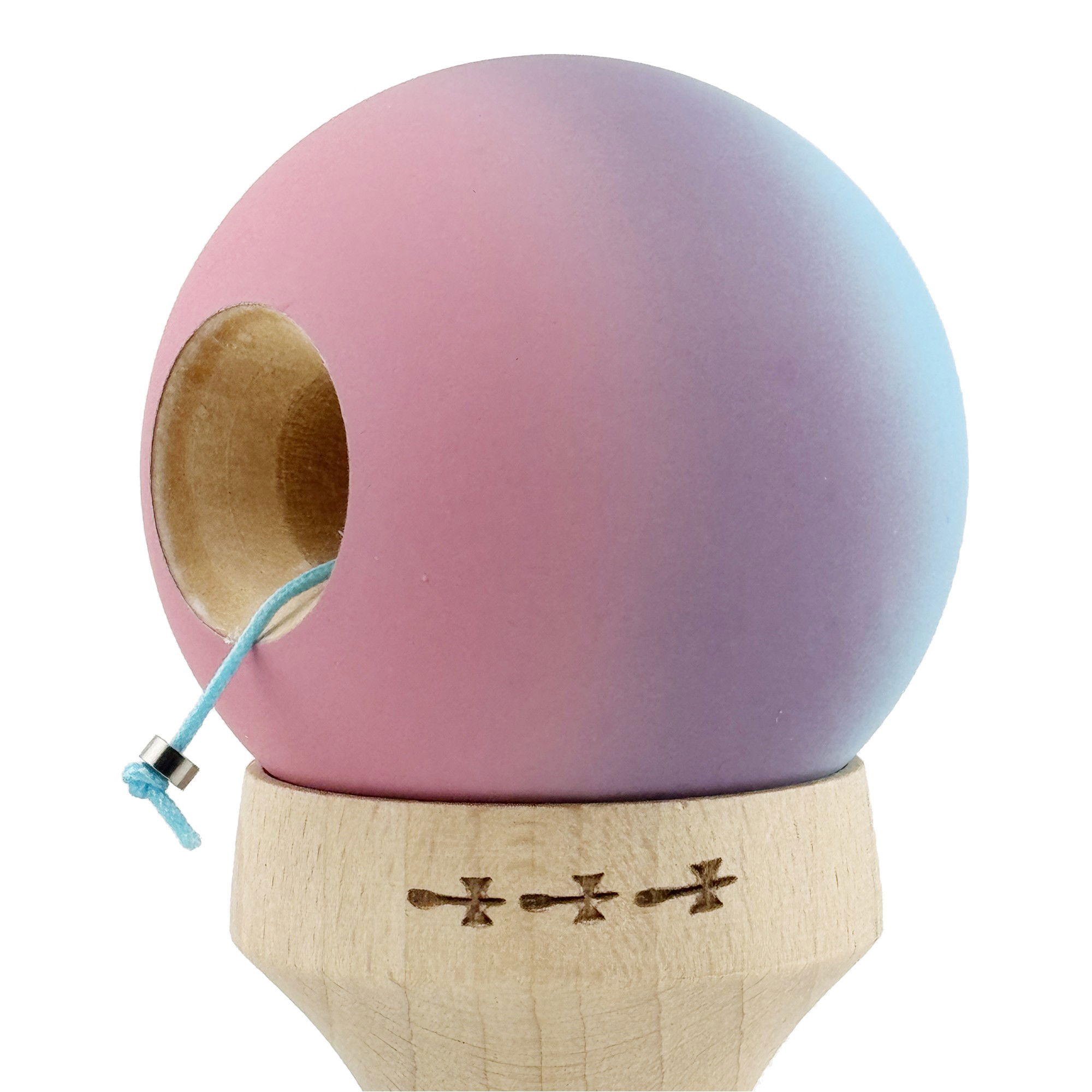 Kendama X Originala, Profesionala, Flippy, Cupe Mari KING SIZE V3, Rubber Grip, Gaura in Baza, Rulment Metalic, din lemn 18 cm, Ata 62/65 cm, Gradient Albastru deschis/Mov/Roz [6]