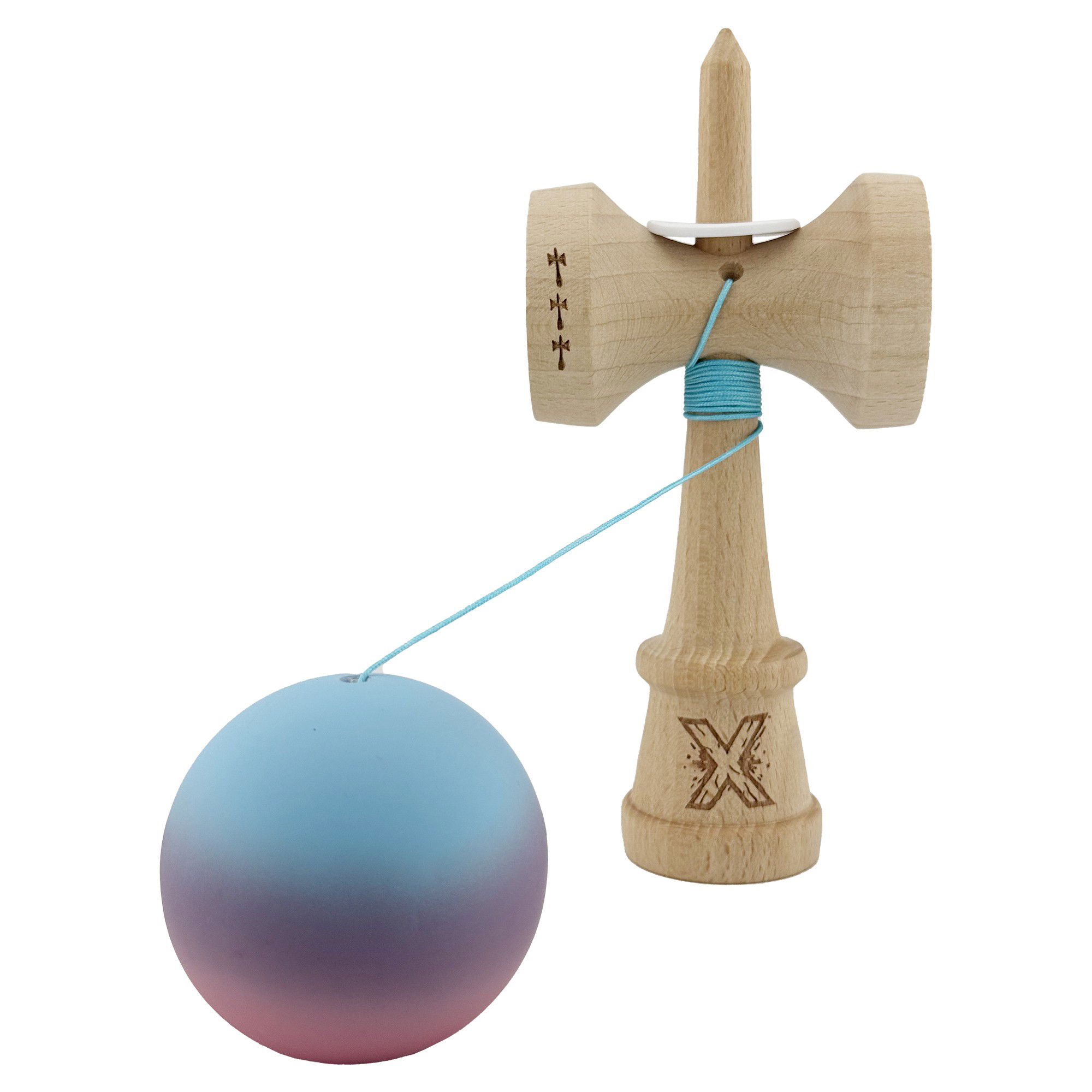 Kendama X Originala, Profesionala, Flippy, Cupe Mari KING SIZE V3, Rubber Grip, Gaura in Baza, Rulment Metalic, din lemn 18 cm, Ata 62/65 cm, Gradient Albastru deschis/Mov/Roz [4]