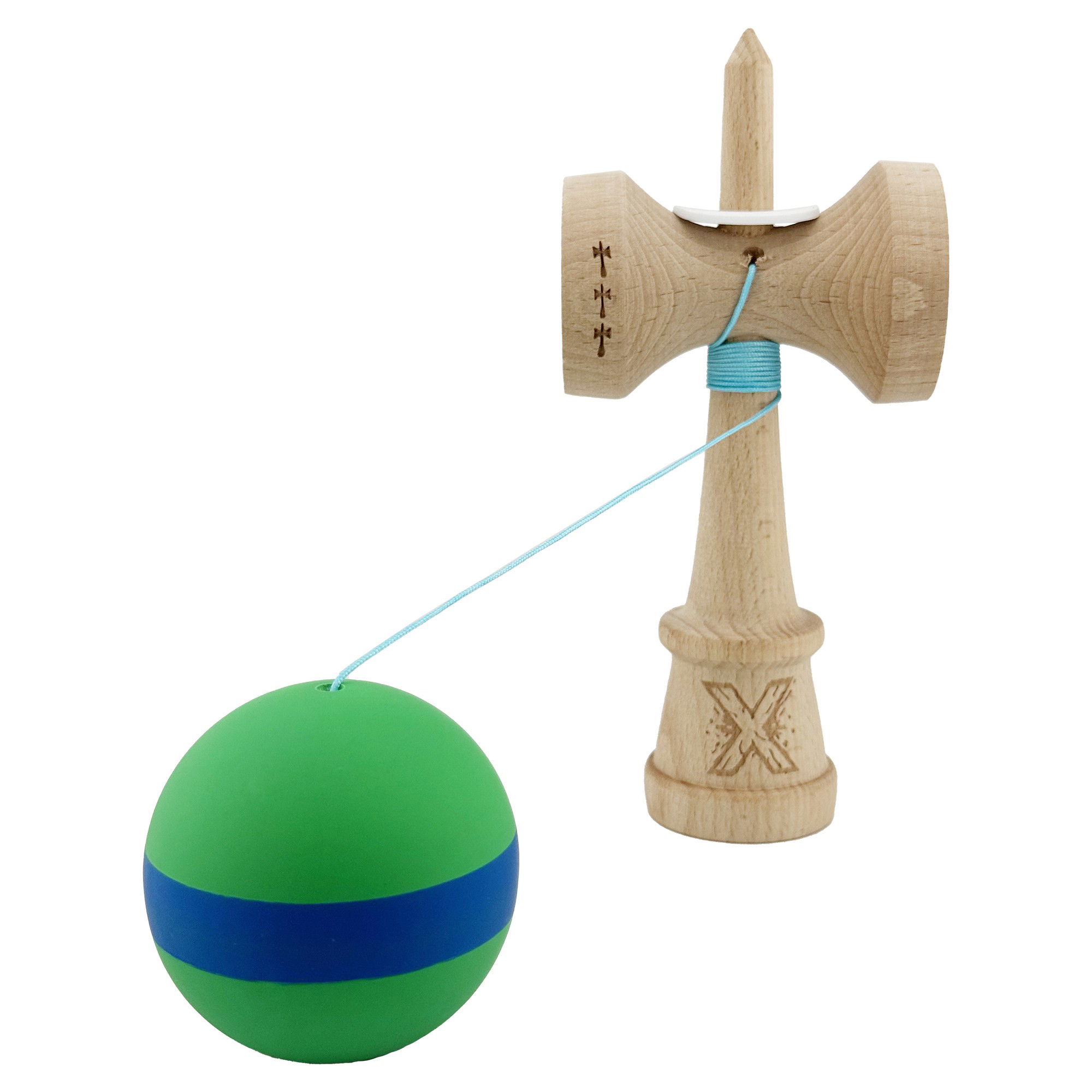 Kendama X Originala, Profesionala, Flippy, Cupe Mari KING SIZE V3, Rubber Grip, Gaura in Baza, Rulment Metalic, din lemn 18 cm, Ata 62/65 cm, M Verde/Albastru/Verde [4]