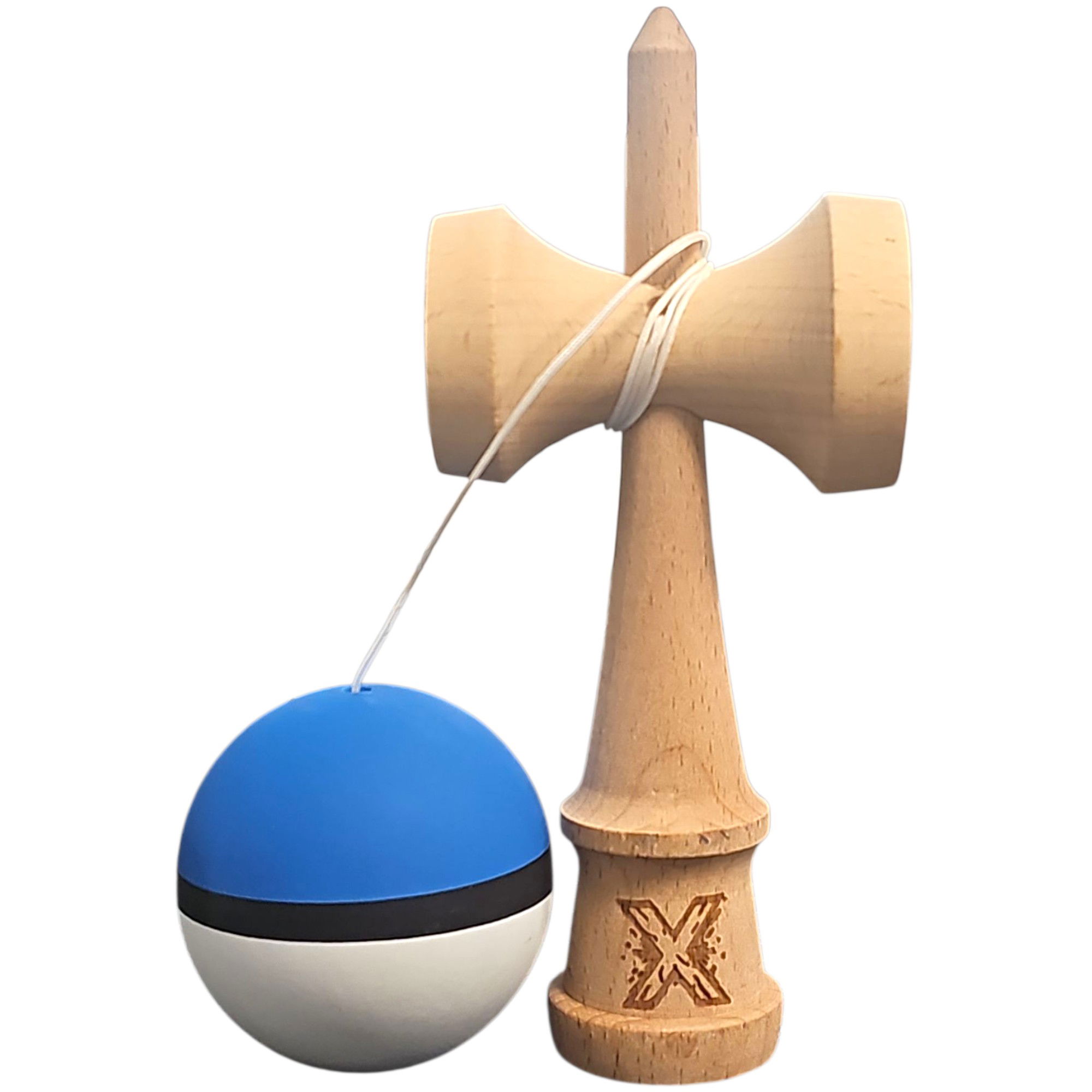 Kendama X Originala, Profesionala, Flippy, din Lemn, 18 cm, Rubber Grip, Albastru/Negru/Alb [2]