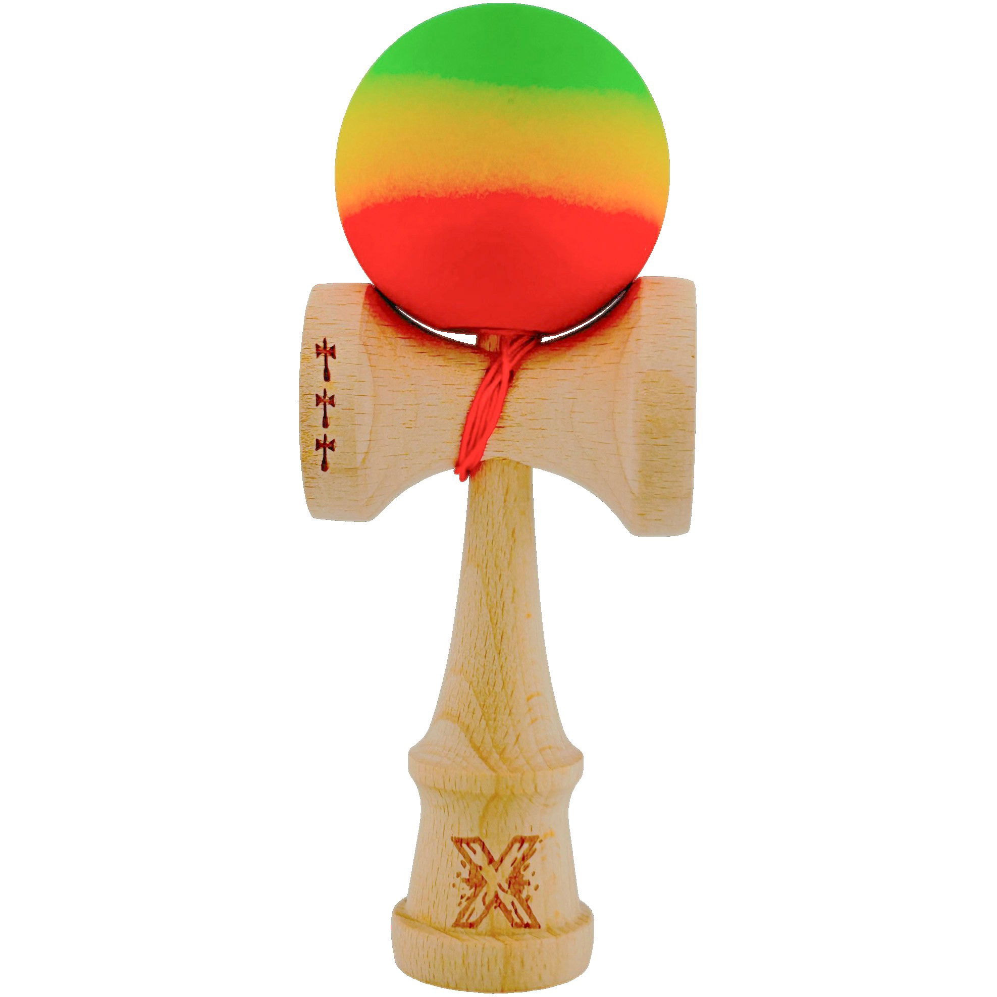 Kendama Rubber Grip V2 Cupe Mari - Kendama X Originala, Profesionala, Flippy, Big Cups V2, Rubber Grip cu Cupe Mari, Rulment Metalic cu Ata 55 cm, Verde/Galben/Rosu