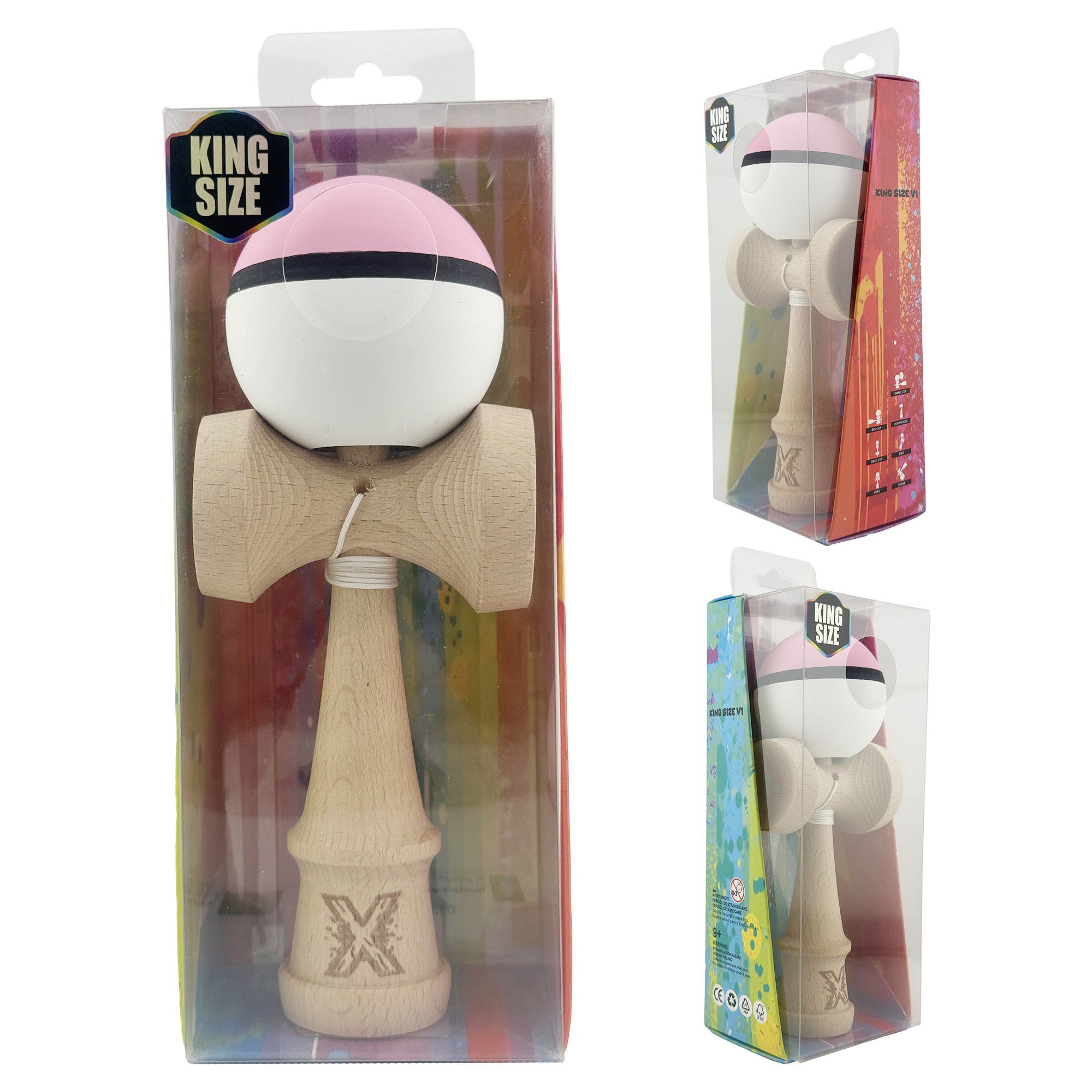 Kendama X Originala, Profesionala, Flippy, din Lemn, Gravata, 18 cm, Super Sticky, Roz/Negru/Alb [10]