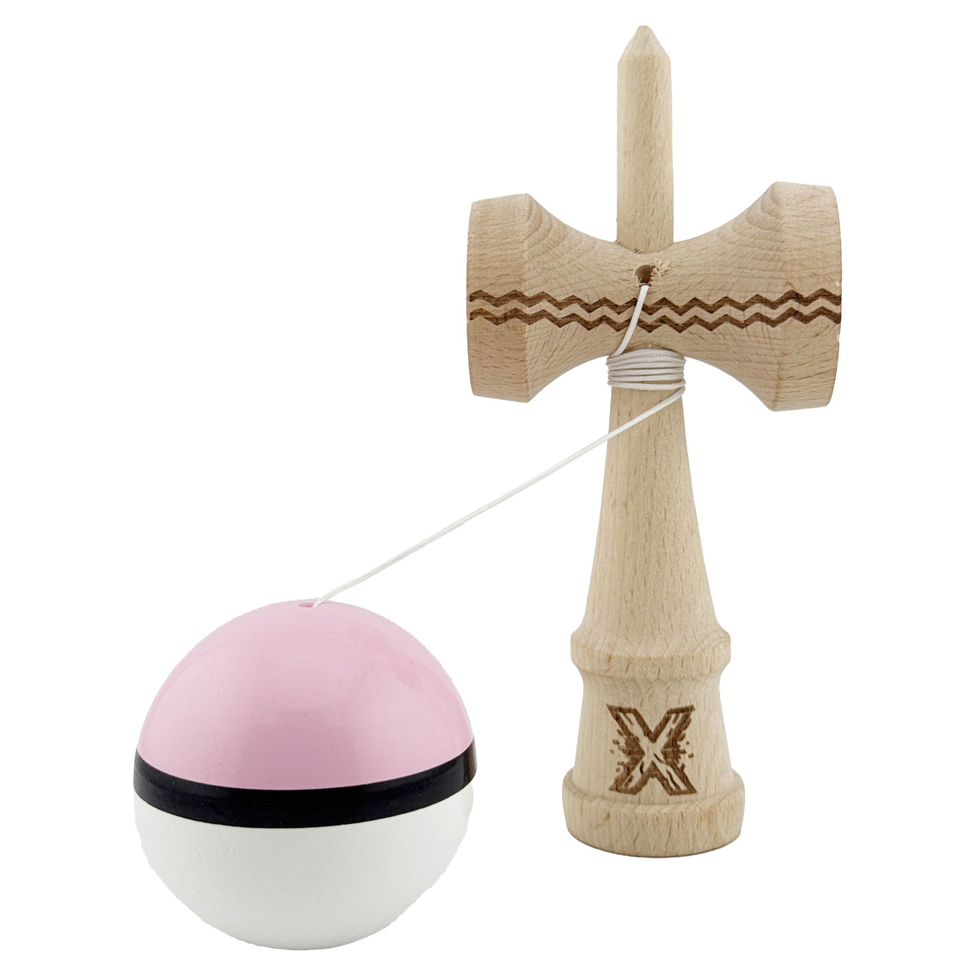 Kendama X Originala, Profesionala, Flippy, din Lemn, Gravata, 18 cm, Super Sticky, Roz/Negru/Alb [3]